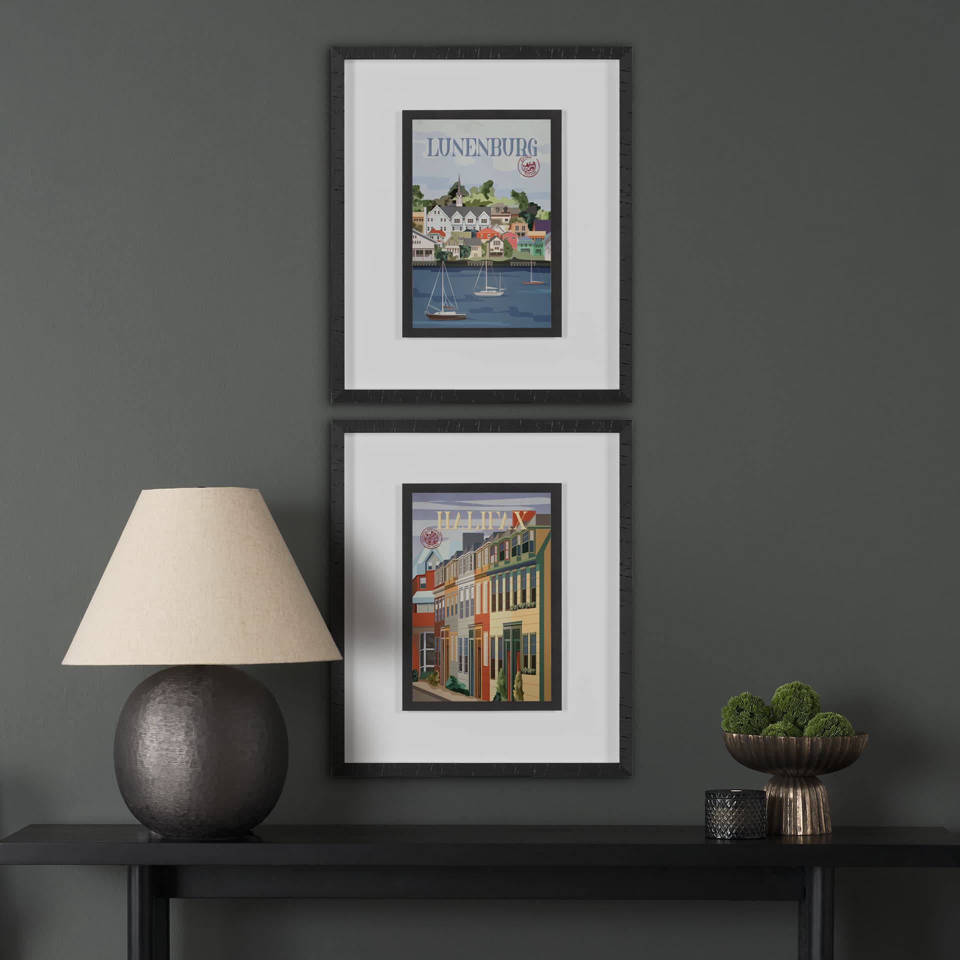 Lunenburg Go Canada (M) by Mercana Studio a Framed Art Print Matted under Glass — in a styled room