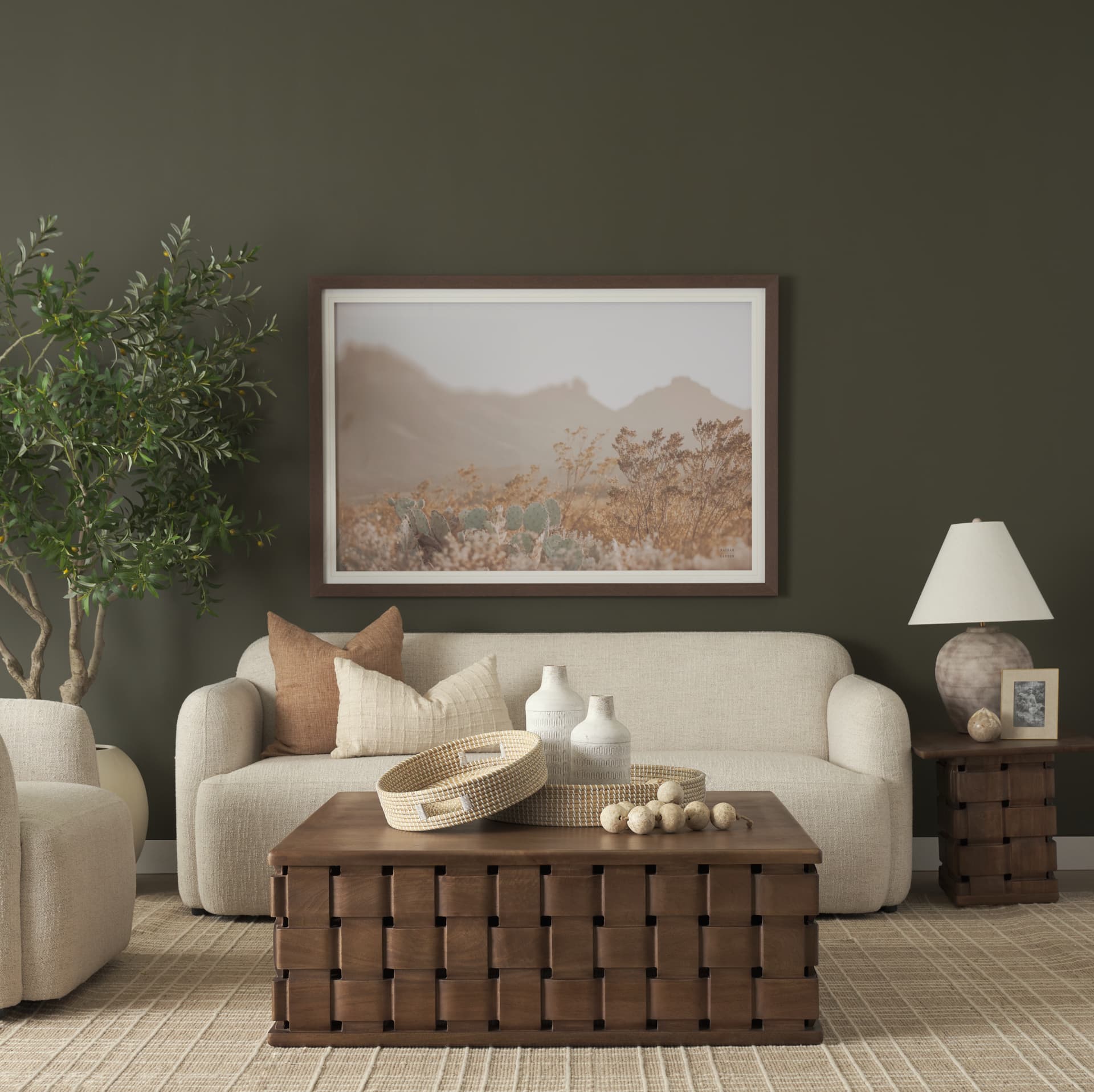 Trellyn 48" Dark Brown Wood w/ Carved Woven Base Square Coffee Table — product photograph