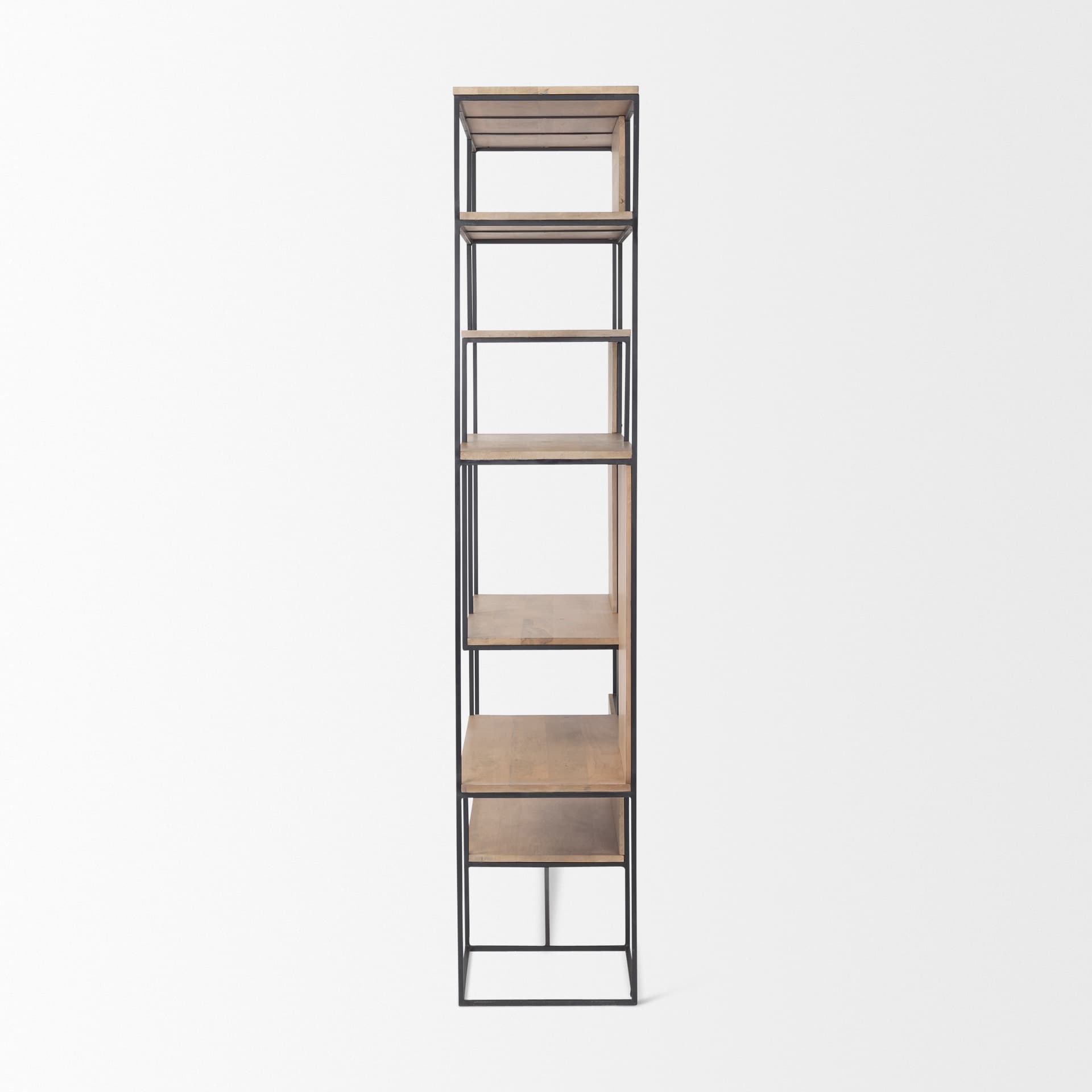 Morris 47.0L x 15.0W x 75.0H Light Brown Wood w/ Black Metal Frame 6-Tier Shelving Unit — product photograph