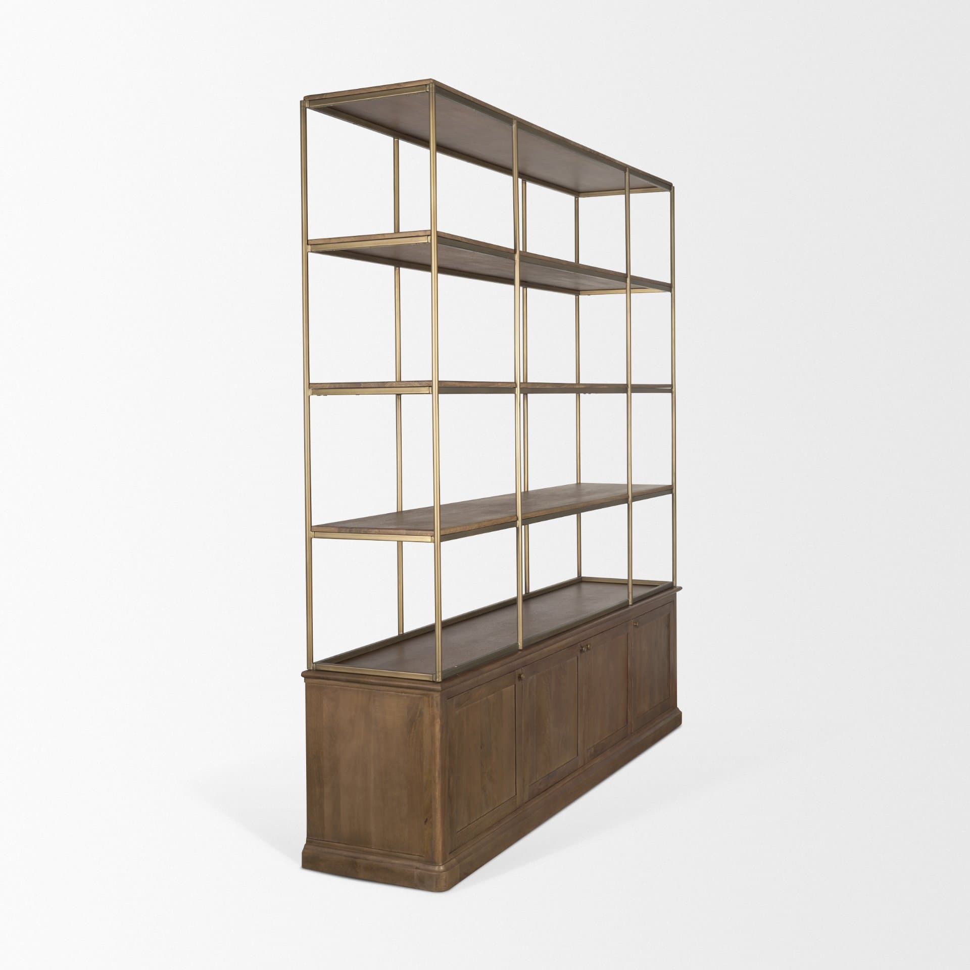 Baron 4-Door Dark Brown Wood w/ Antique Brass Metal Open Shelving Unit — product photograph