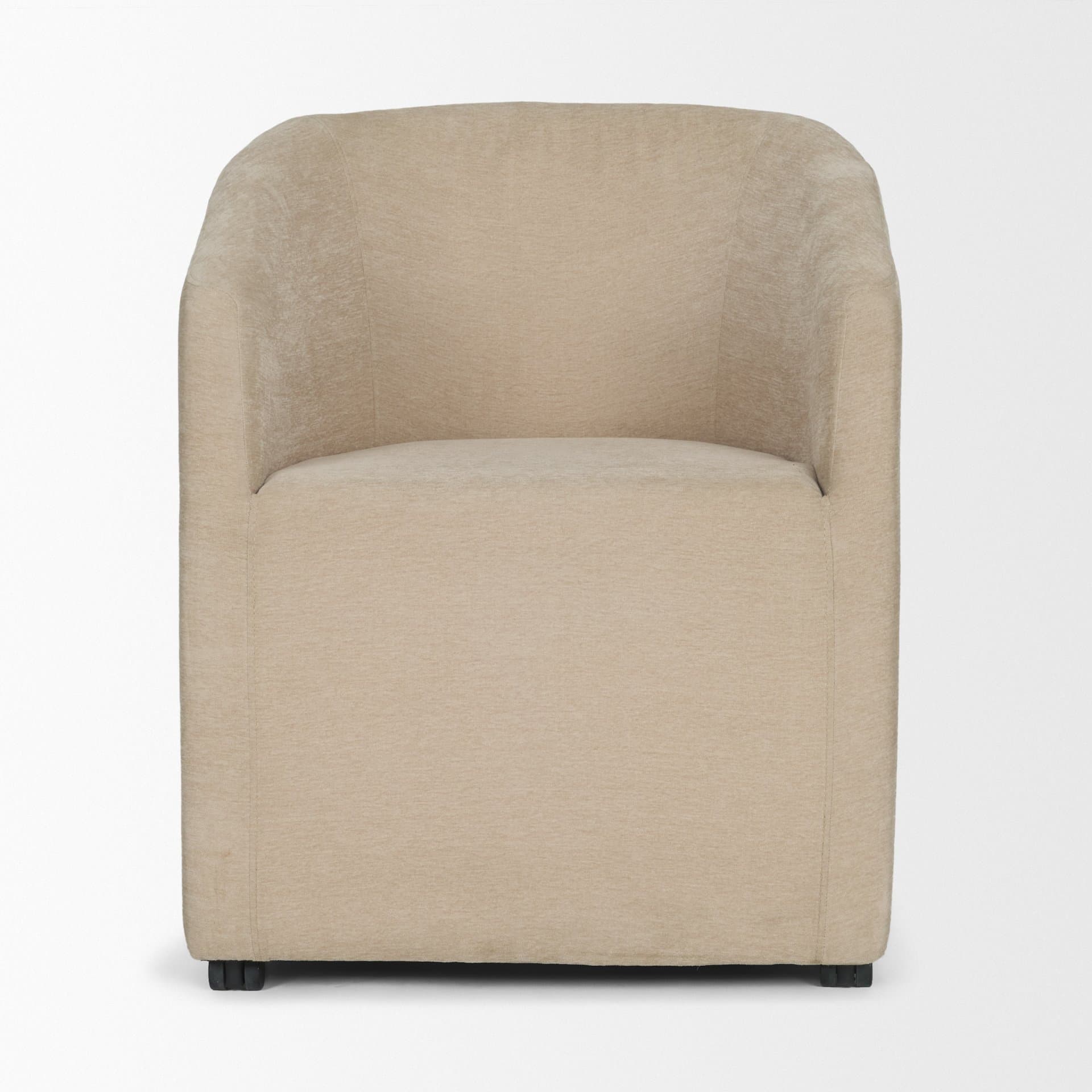 Sondra Barrel Back Dining Arm Chair | Beige Fabric w/ Wood — product photograph