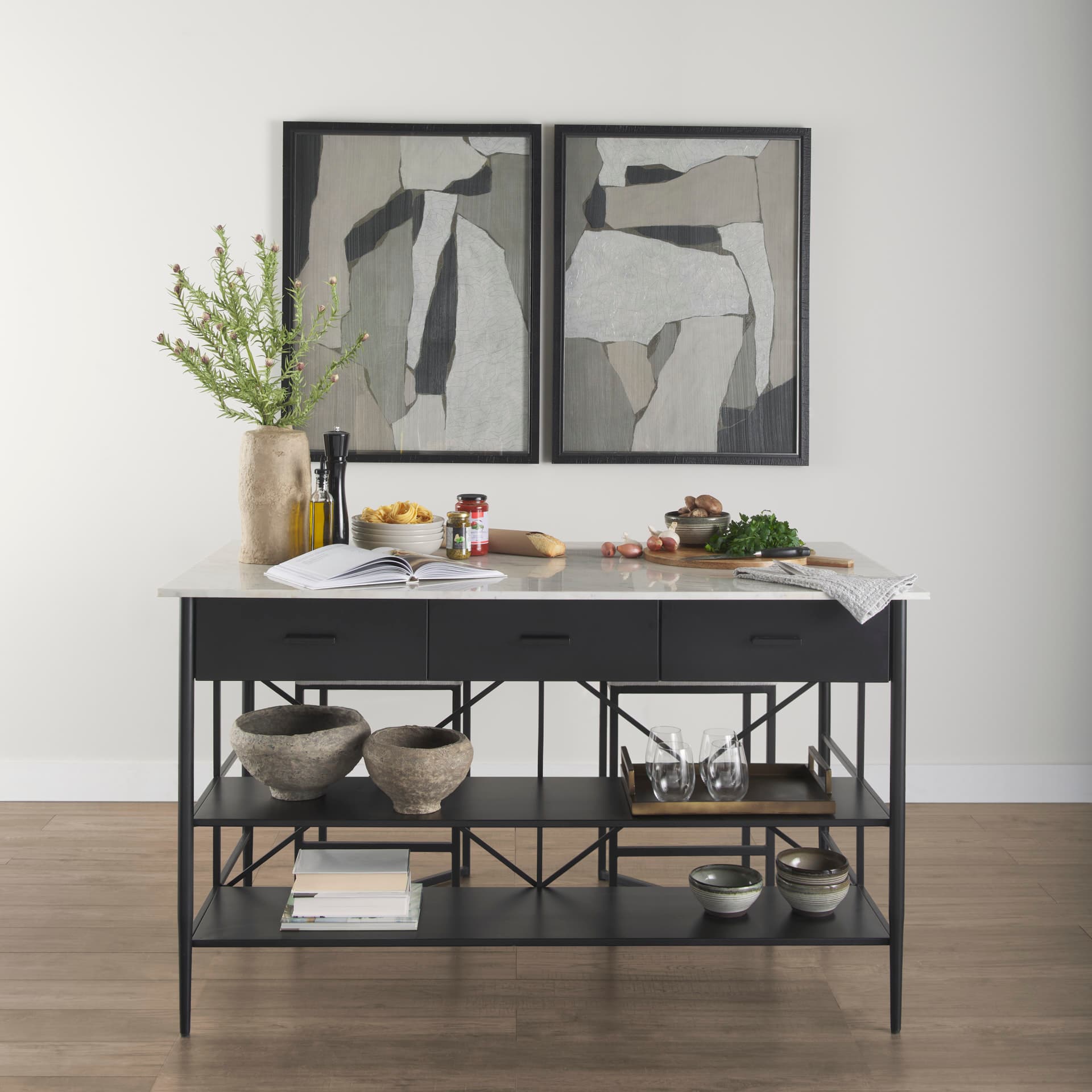 Amika White Marble Top Black Metal Base Kitchen Island — product photograph