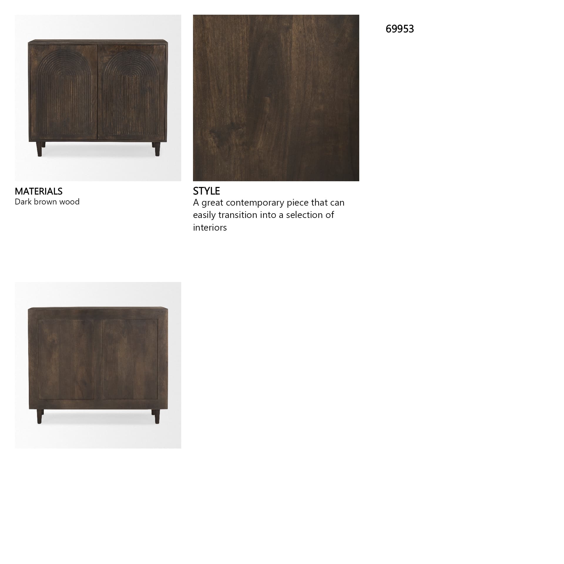 Tucker Dark Brown Wood w/ Carved Arch Pattern 2 Door Cabinet — in a styled room