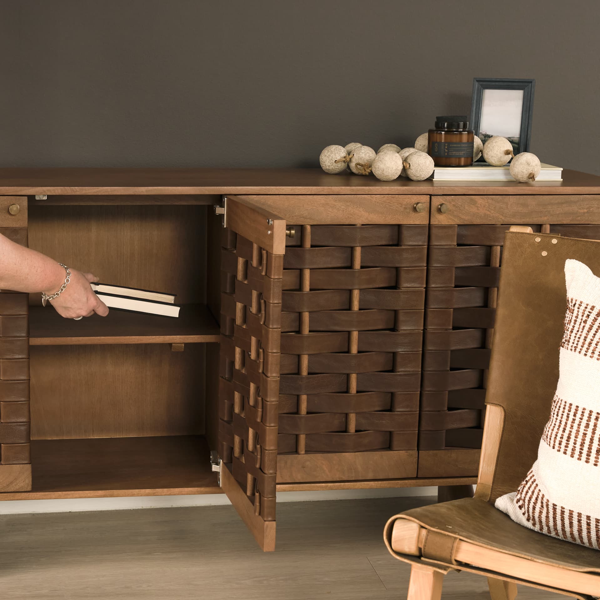 Wexlan Solid Wood w/ Leather Weave 4 Door Closed Sideboard — product photograph