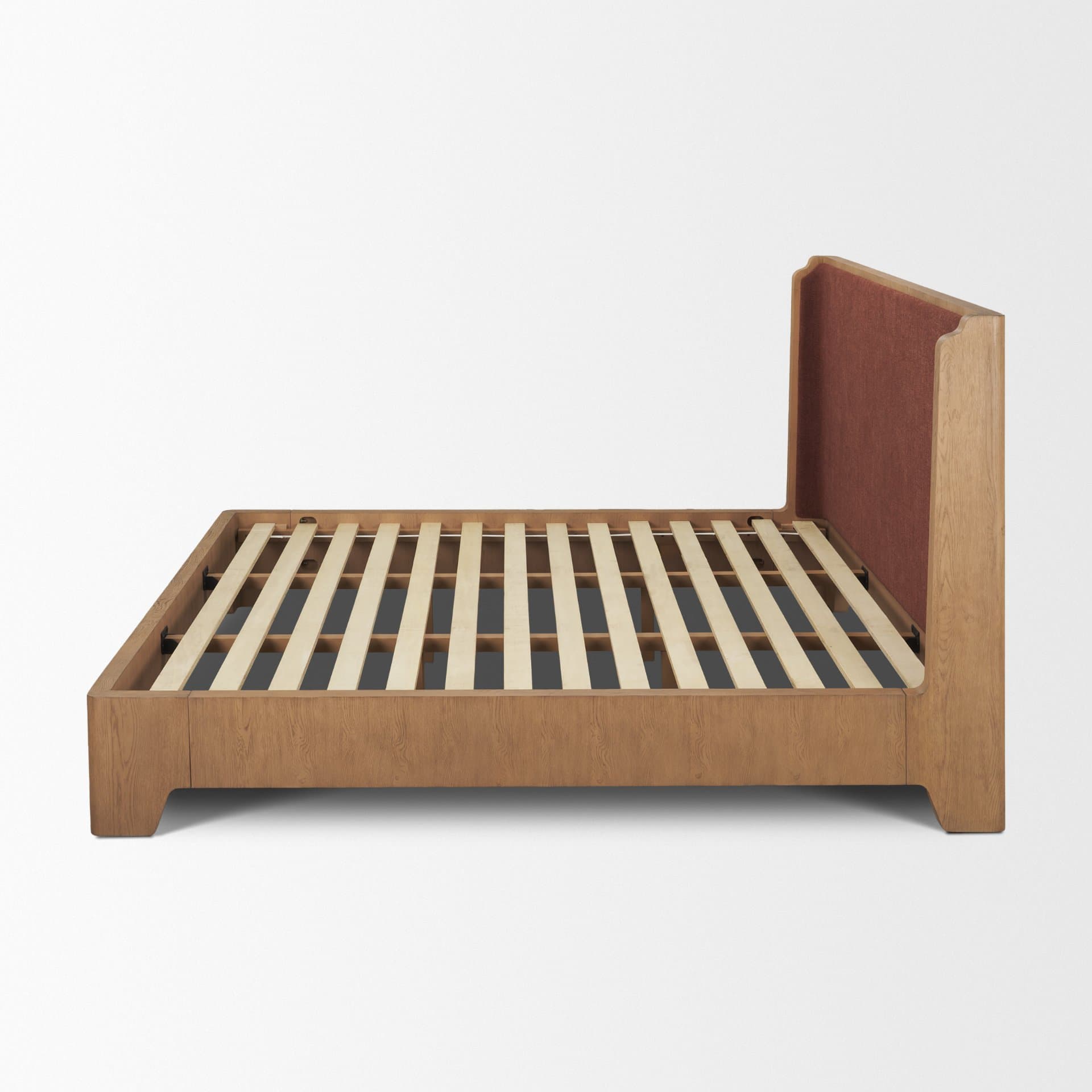 Holden King Upholstered Bedframe | Shelter Headboard | Burgundy Performance Fabric — product photograph