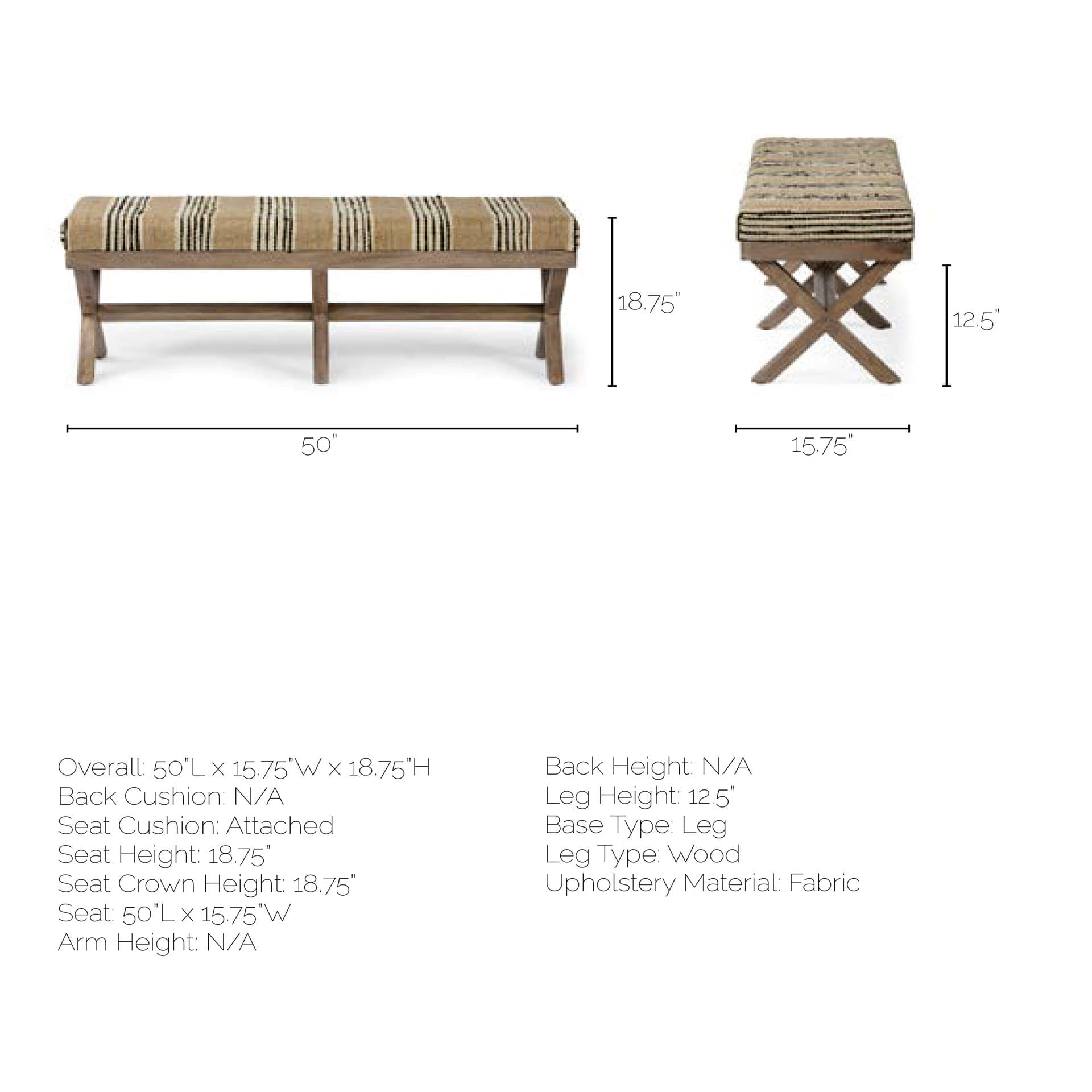 Solis 50L x 16W Brown Base Upholstered Beige/Black Stripe Seat Accent Bench — product photograph
