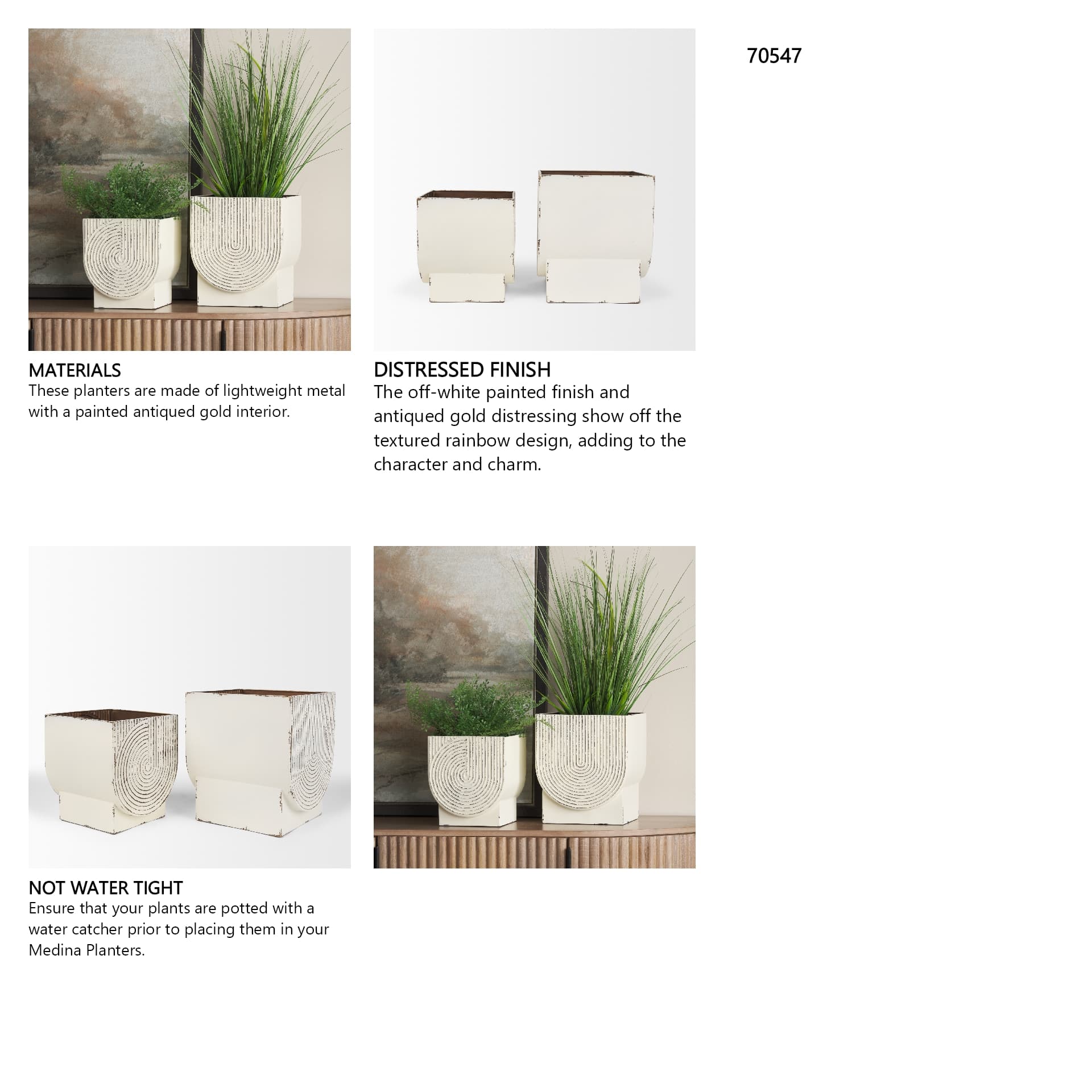 Medina Off White w/ Gold Antiquing Metal Planters (Set of 2) — in a styled room