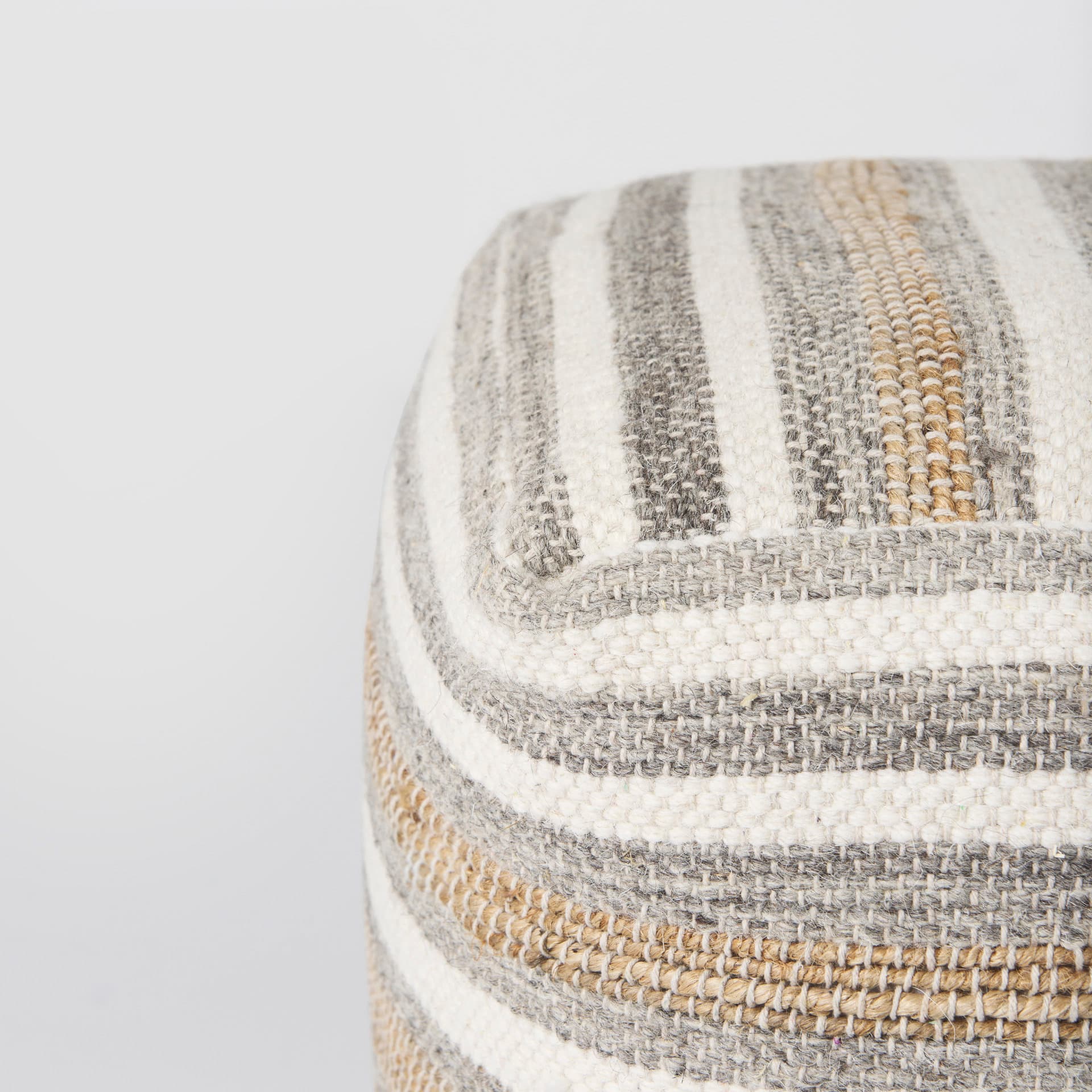 Aahana 16.0L x 16.0W x 16.0H White/Taupe/Gray Striped Hemp and Cotton Pouf — product photograph