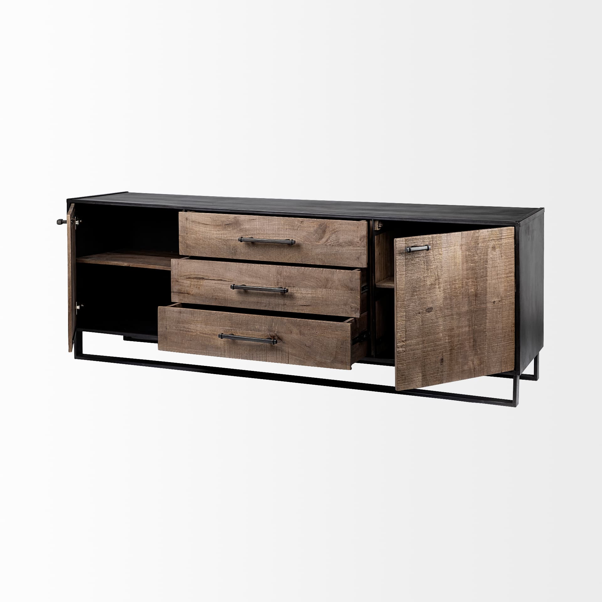 Alvin 82x20 Brown Solid Wood With Black Metal Frame 3 Drawer 2 Cabinet Door Sideboard — product photograph