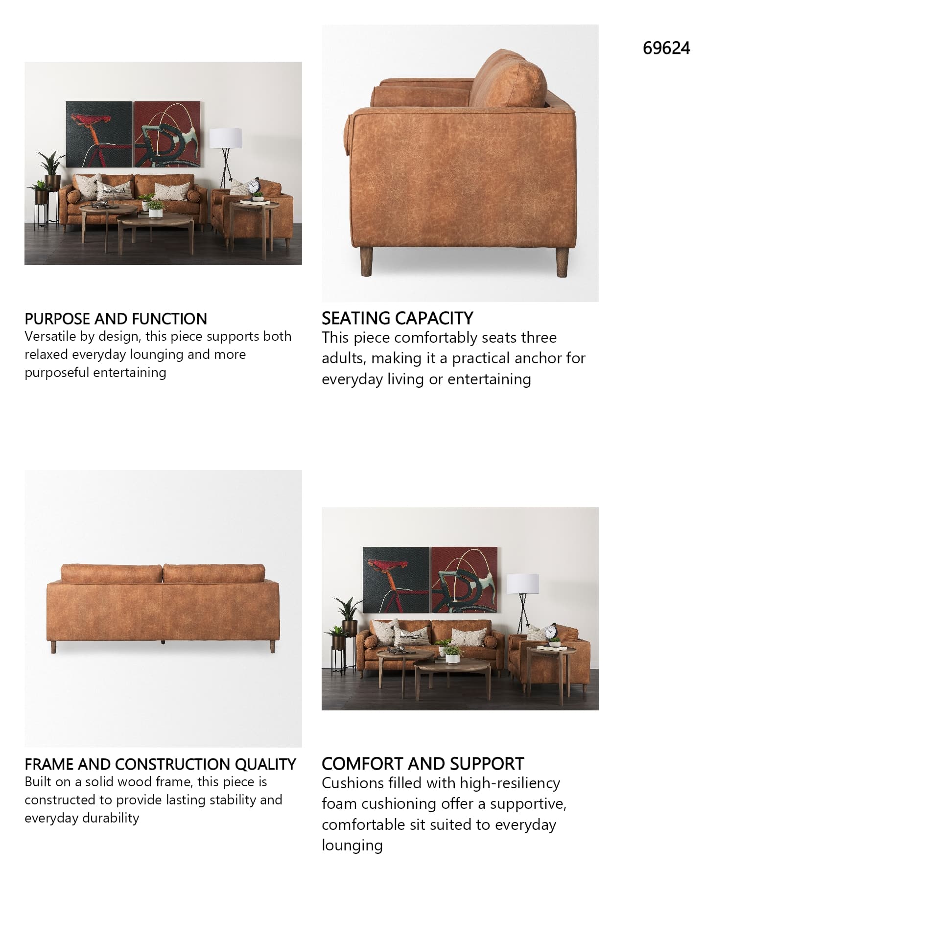 Loretta 88.0L x 36.2W x 33.9H Cognac Brown Faux Leather Three Seater Sofa with Two Bolster Cushions — in a styled room