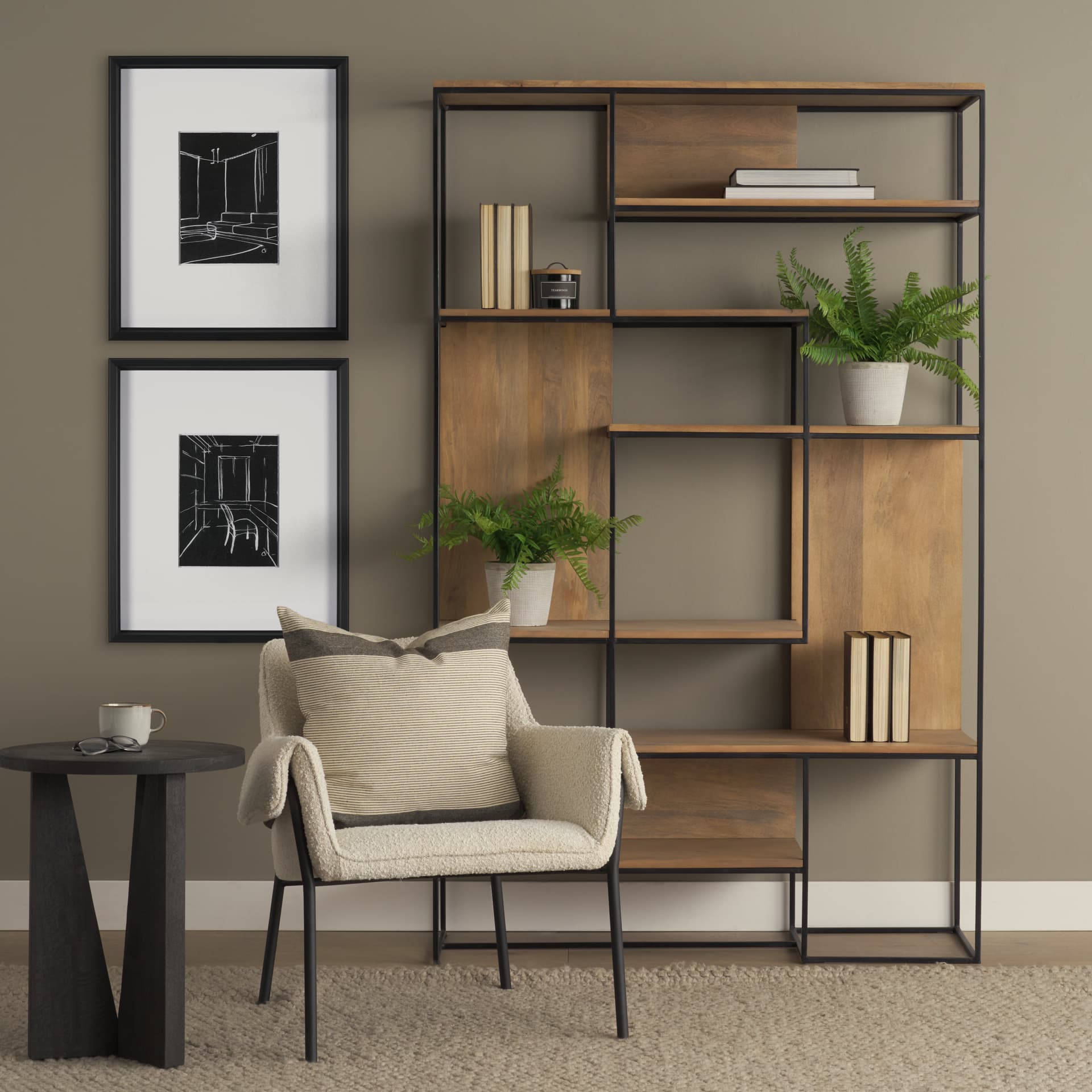 Interior Sketch II by Mercana Studio a Hand Embellished Framed Art Print Matted under Glass — in a styled room