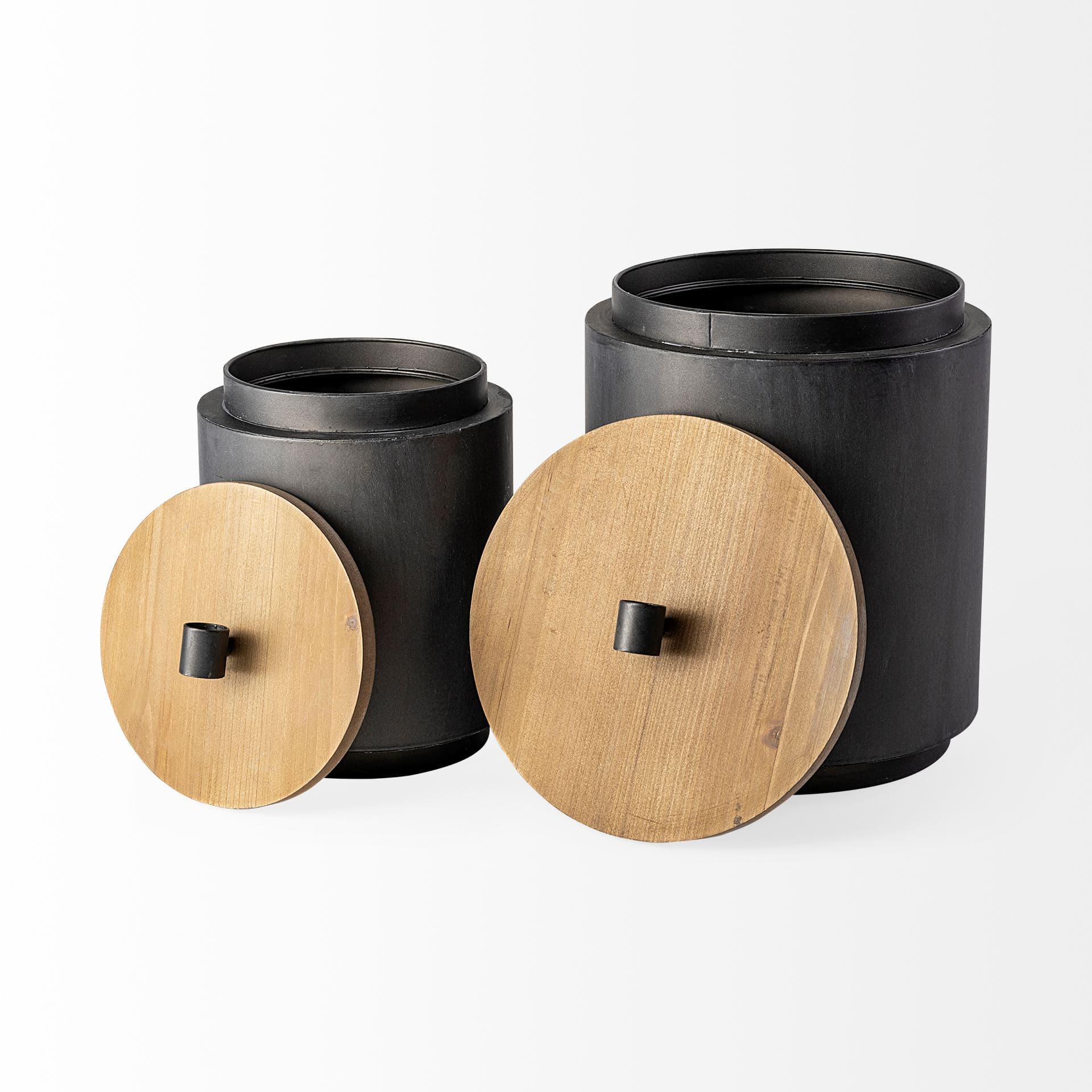 Cyril (Set of 2) Gray Metal W/ Brown Wood Lids Jars — product photograph