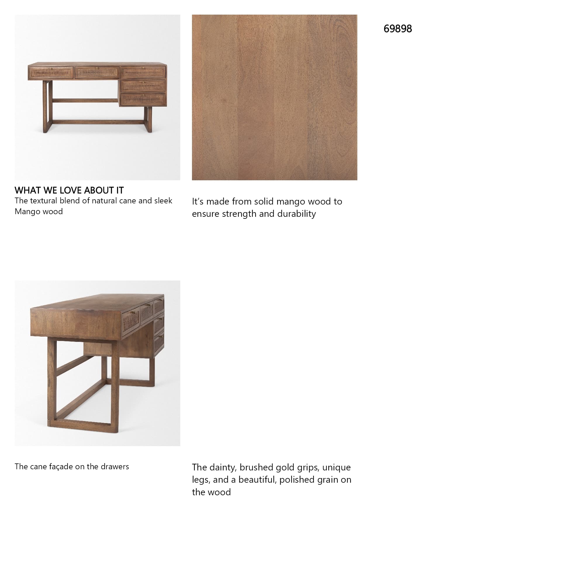 Grier 60" Medium Brown Solid Wood W/ Cane Office Desk — in a styled room