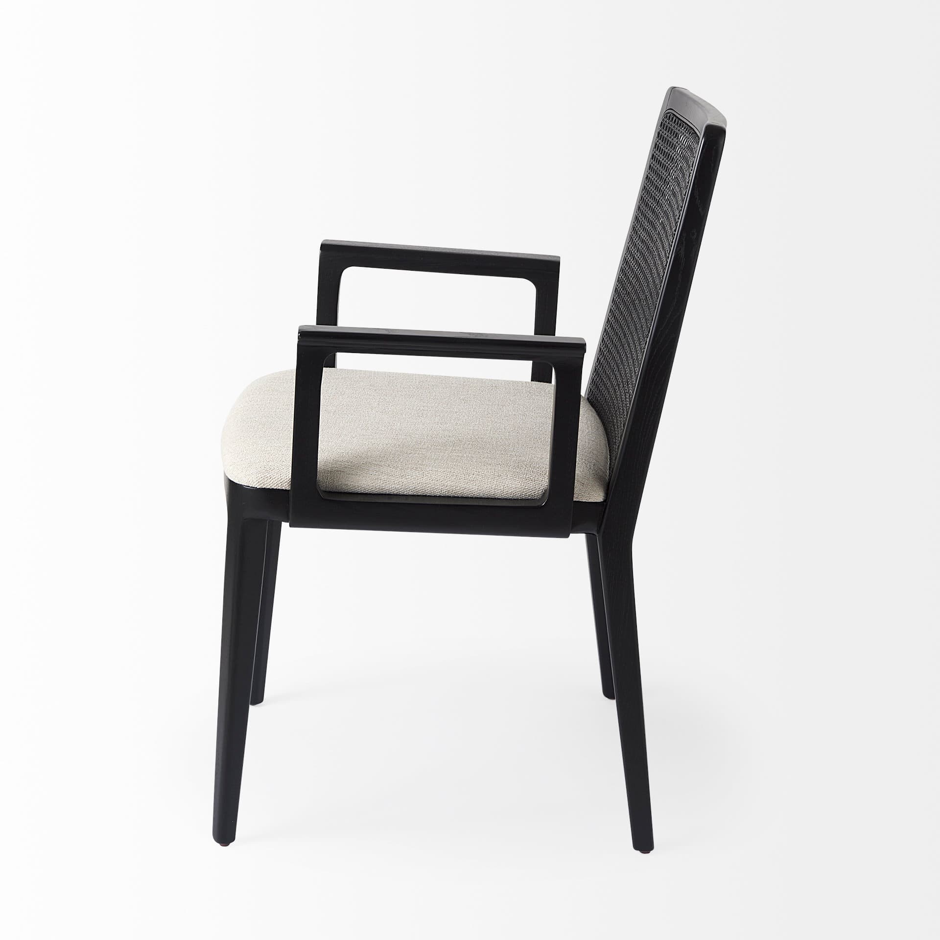 Clara Cane Back Dining Arm Chair | Cream Fabric w/ Black Wood — product photograph