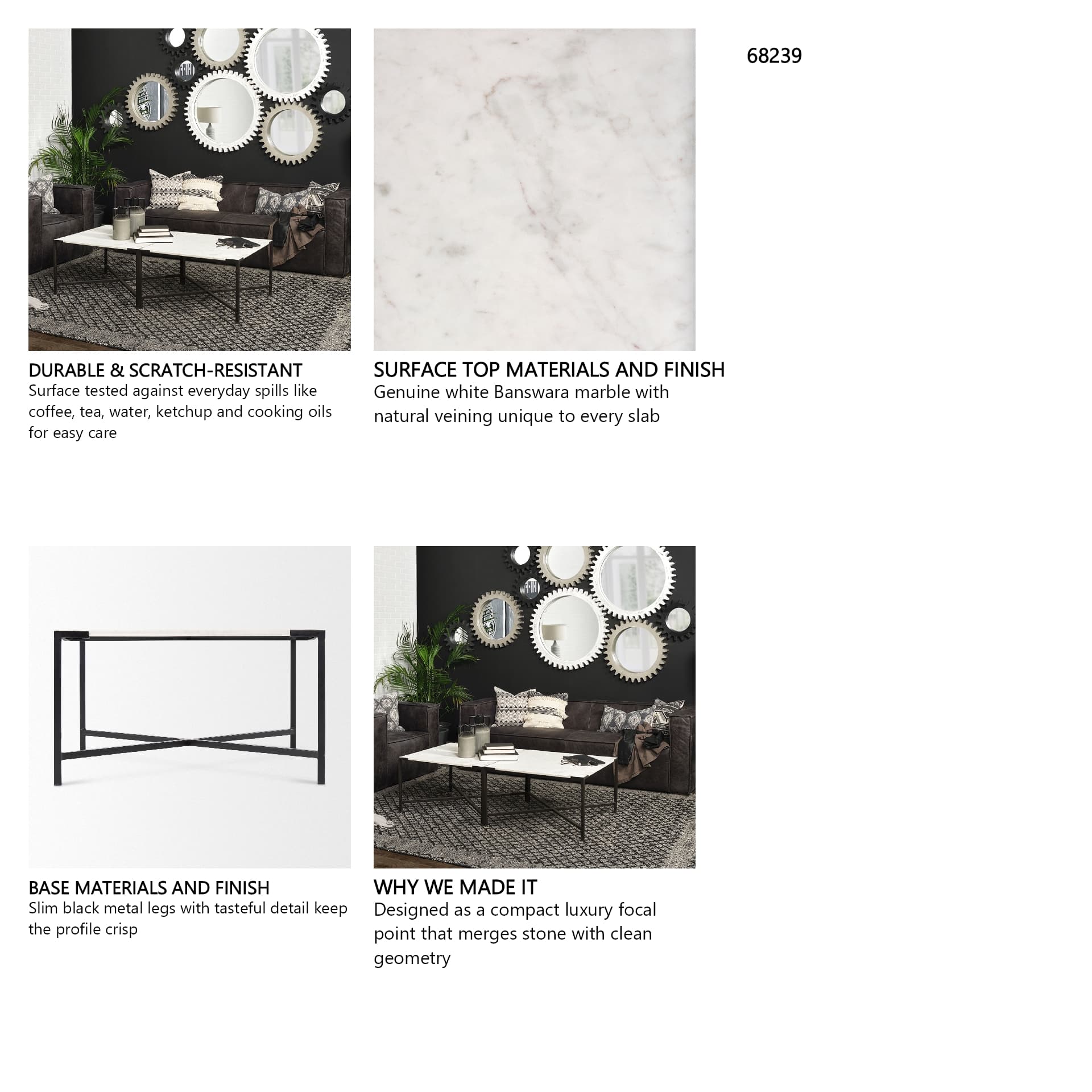 Lucas 30x30 White Marble Top Black Metal Base Coffee Table — in a styled room