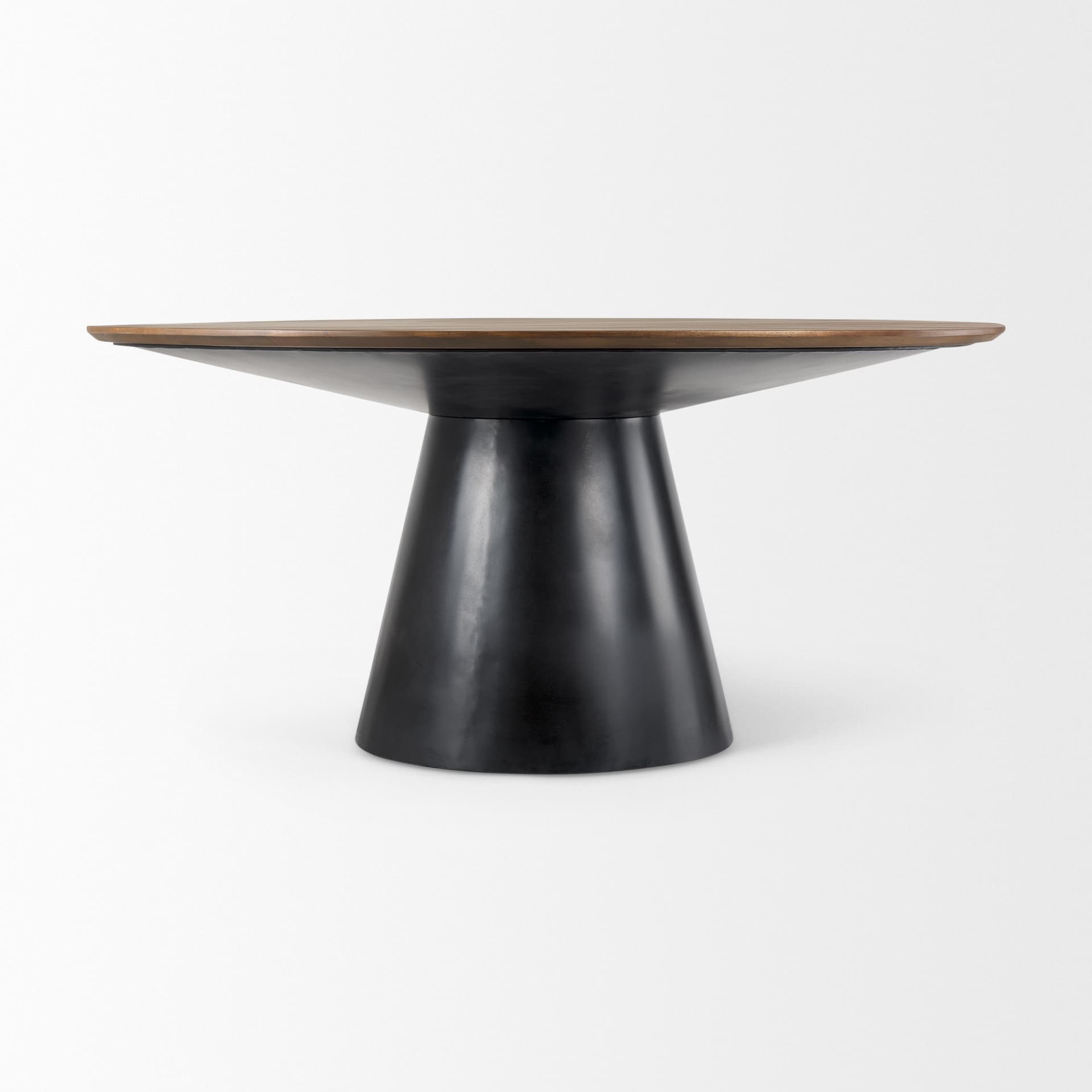 Mitchell 63"L x 63"W Pedestal Dining Table | Med Brown Wood & Black Metal | Seats 6 — product photograph