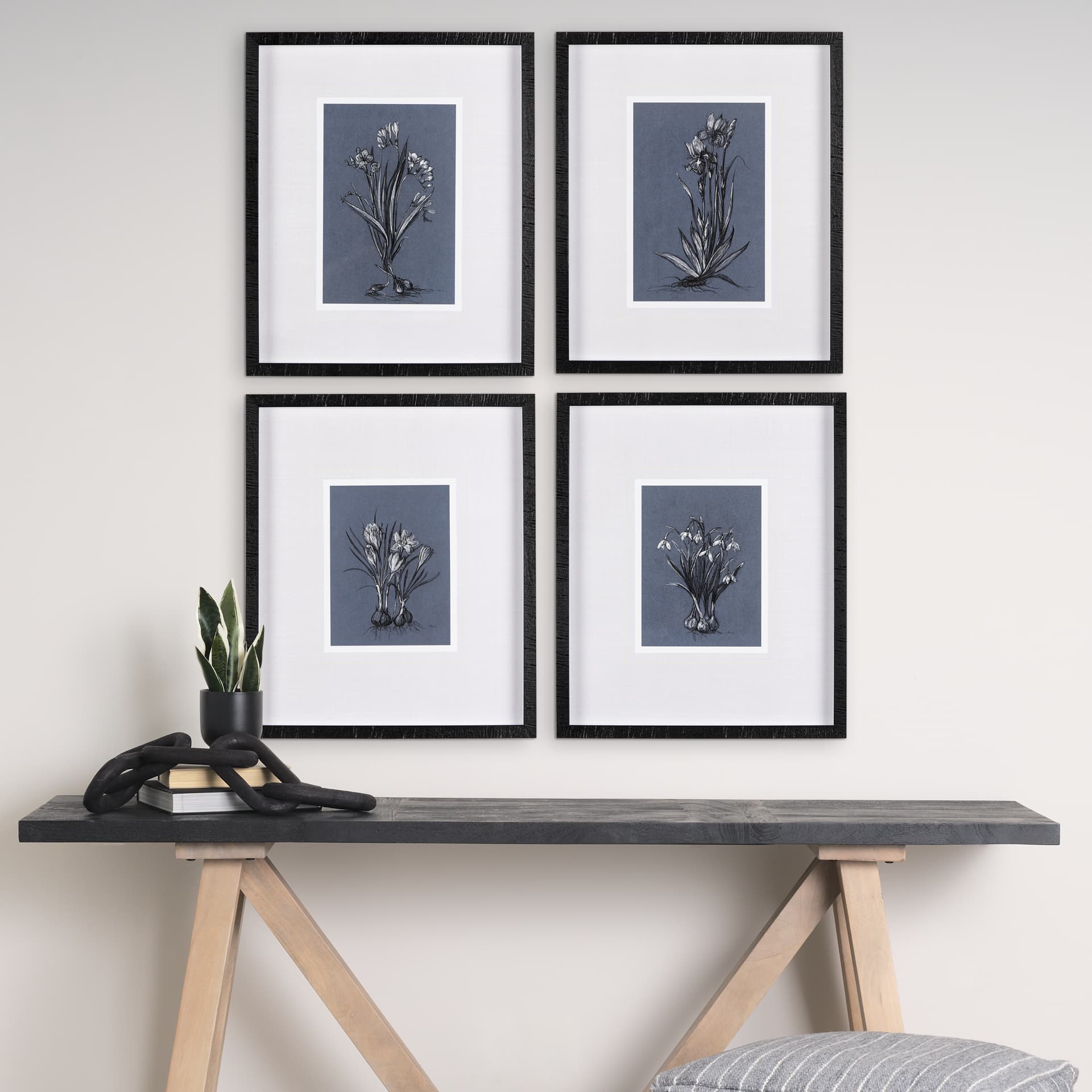 Botanical sketches IV (Blue) by Mercana Studio Hand Embellished Framed Art Print Matted under Glass — in a styled room