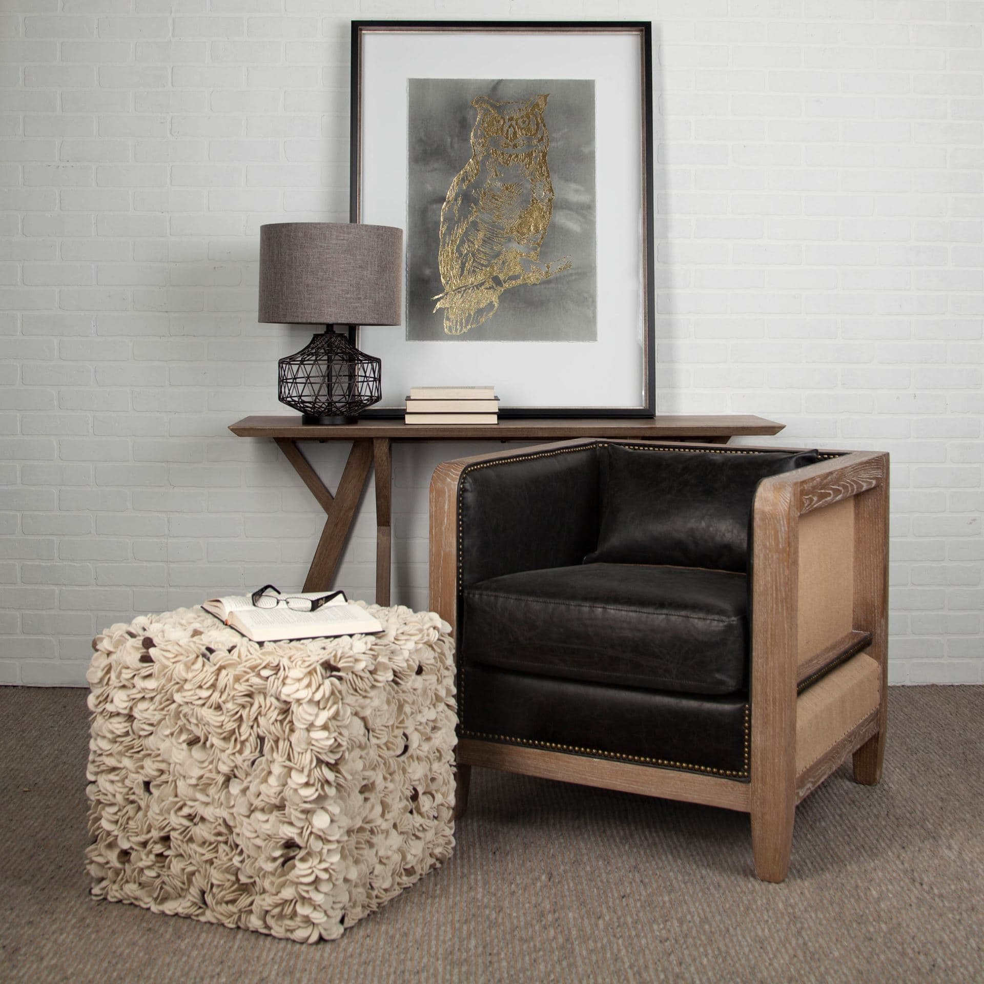 Clark (20"H) Bronze Barrel Metal Base Beige Linen Shade Table Lamp — in a styled room