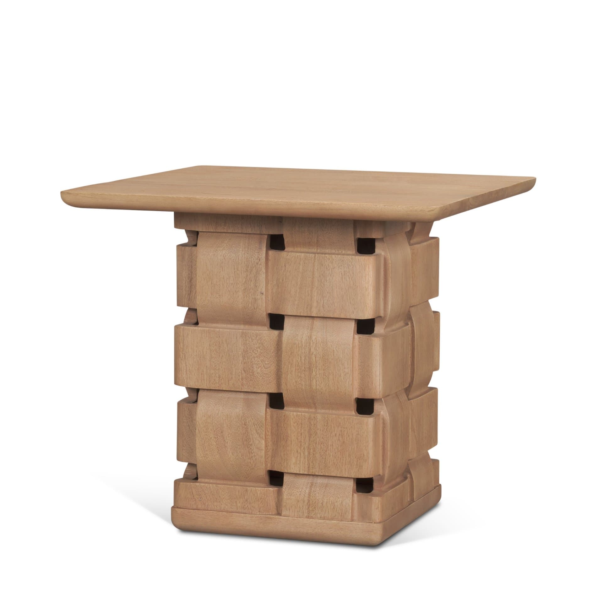 Trellyn Light Brown Wood w/ Carved Woven Base Square Accent Table — product photograph