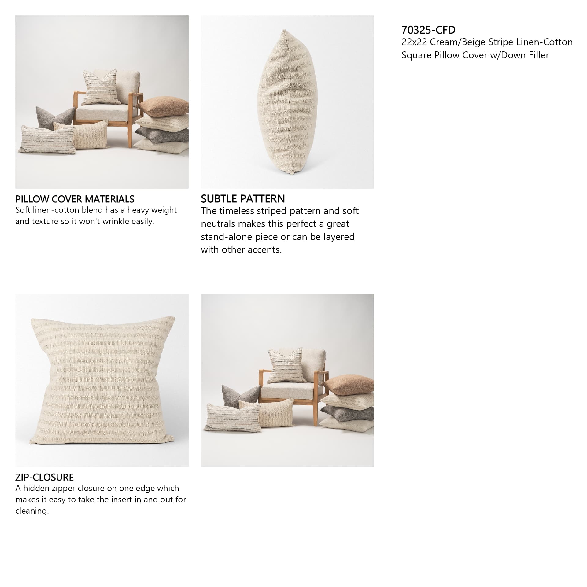 Jace 22x22 Cream/Beige Stripe Linen-Cotton Square Pillow Cover w/Down Filler — in a styled room