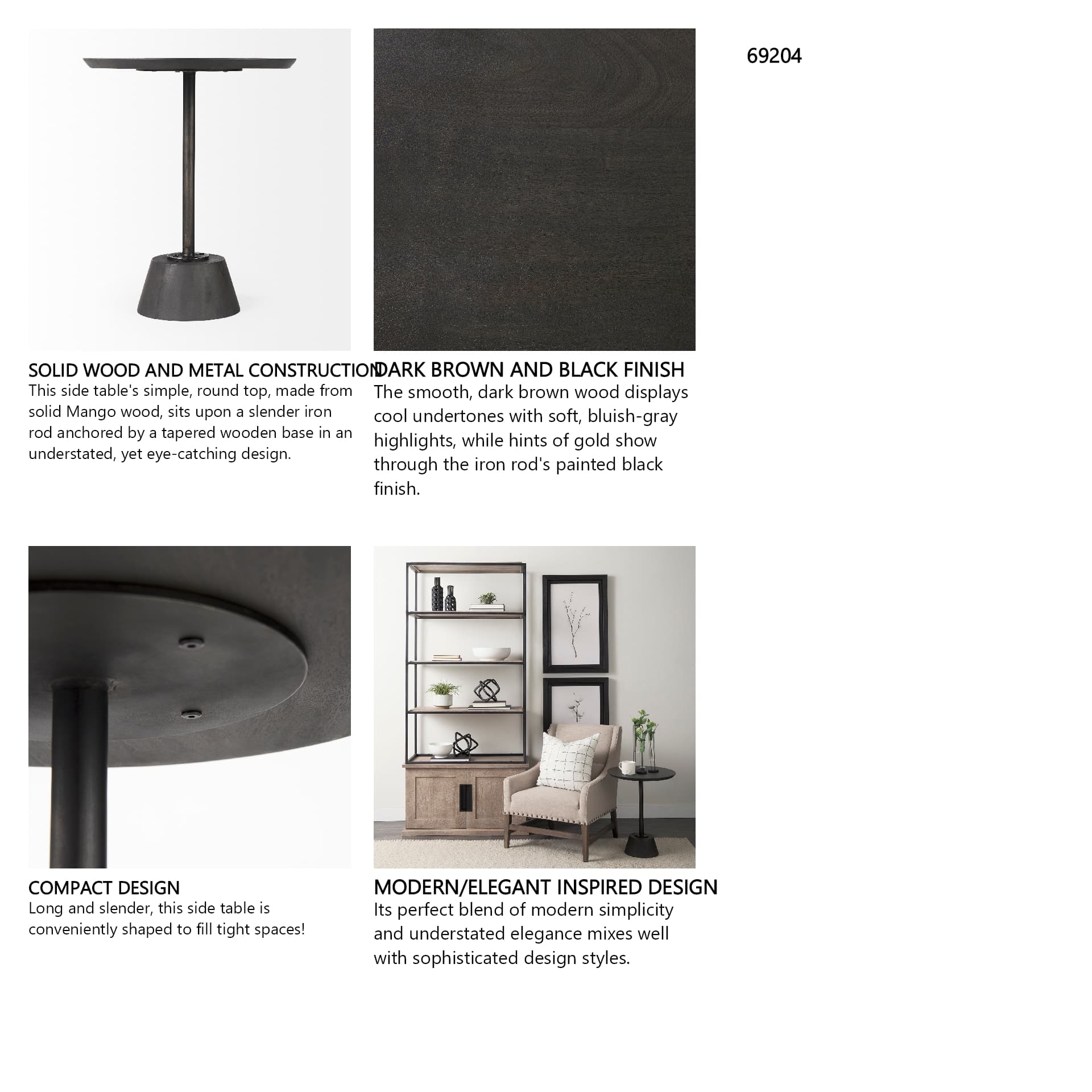 Maxwell 20" Round Dark Brown Wood w/ Black Metal Pedestal Side Table — in a styled room