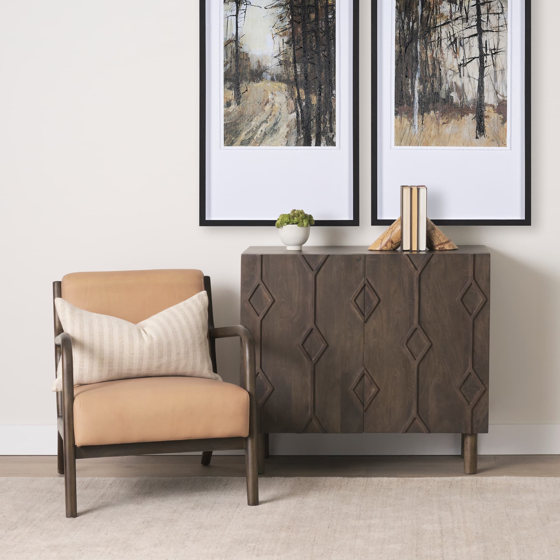 Heera Dark Brown Diamond Motif w/ Shelf Accent Cabinet — in a styled room