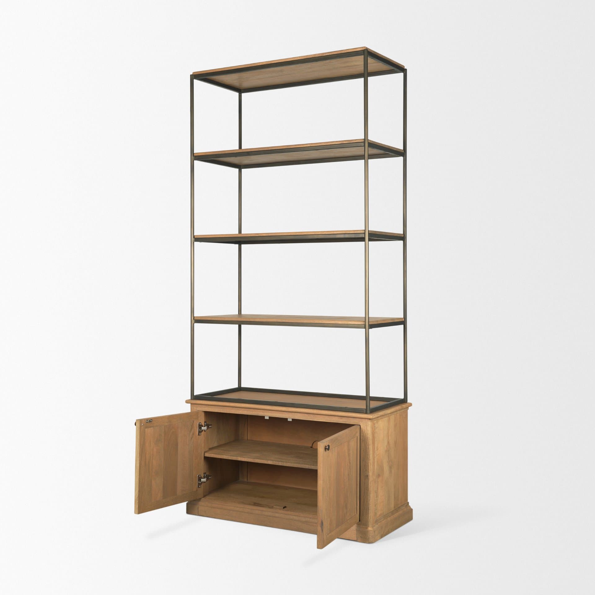 Baron Light Brown Wood w/ Gunmetal 2-Door Open Shelving Unit — product photograph