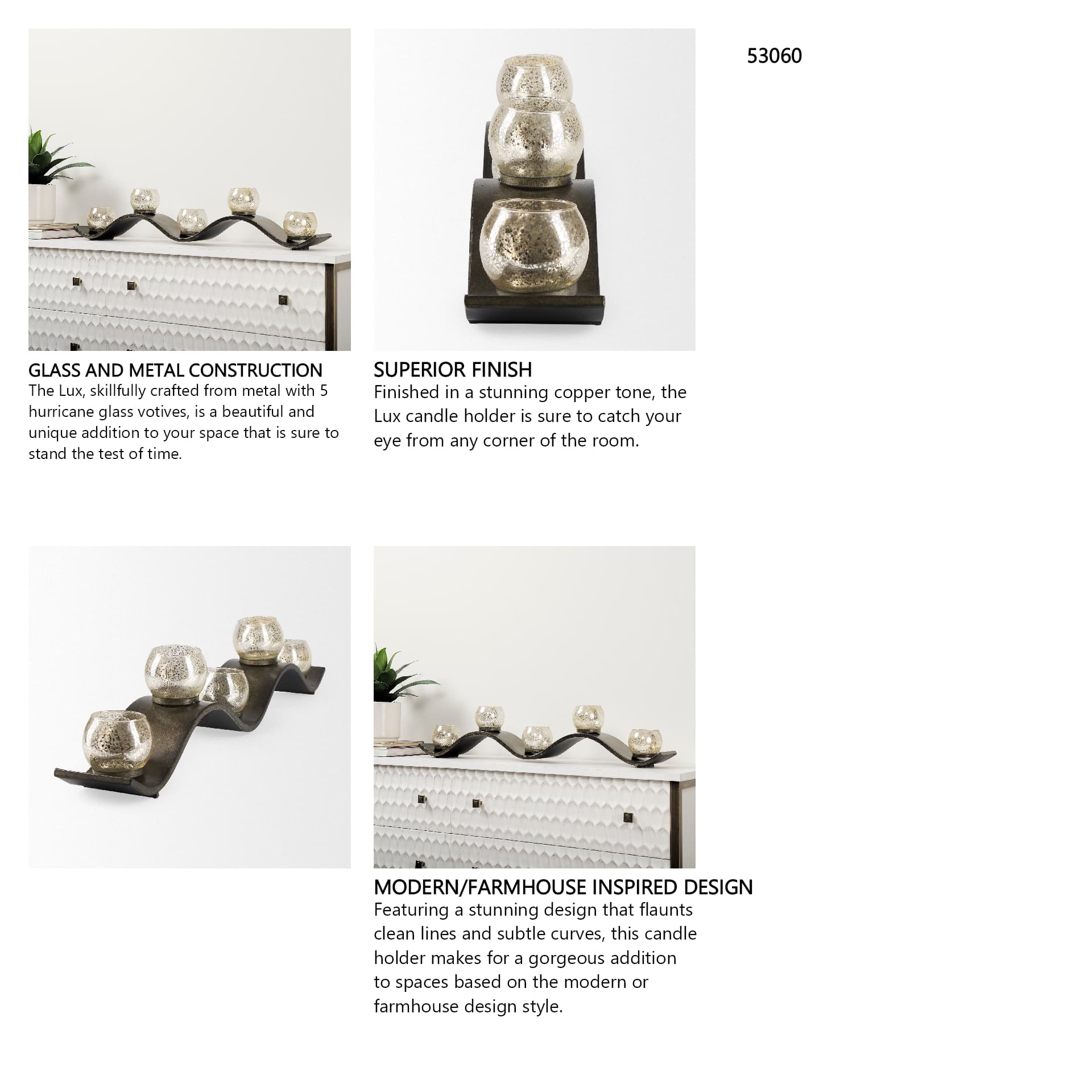 Lux Copper Metal Five Hurricane Glass Holder Table Candle Holder — in a styled room