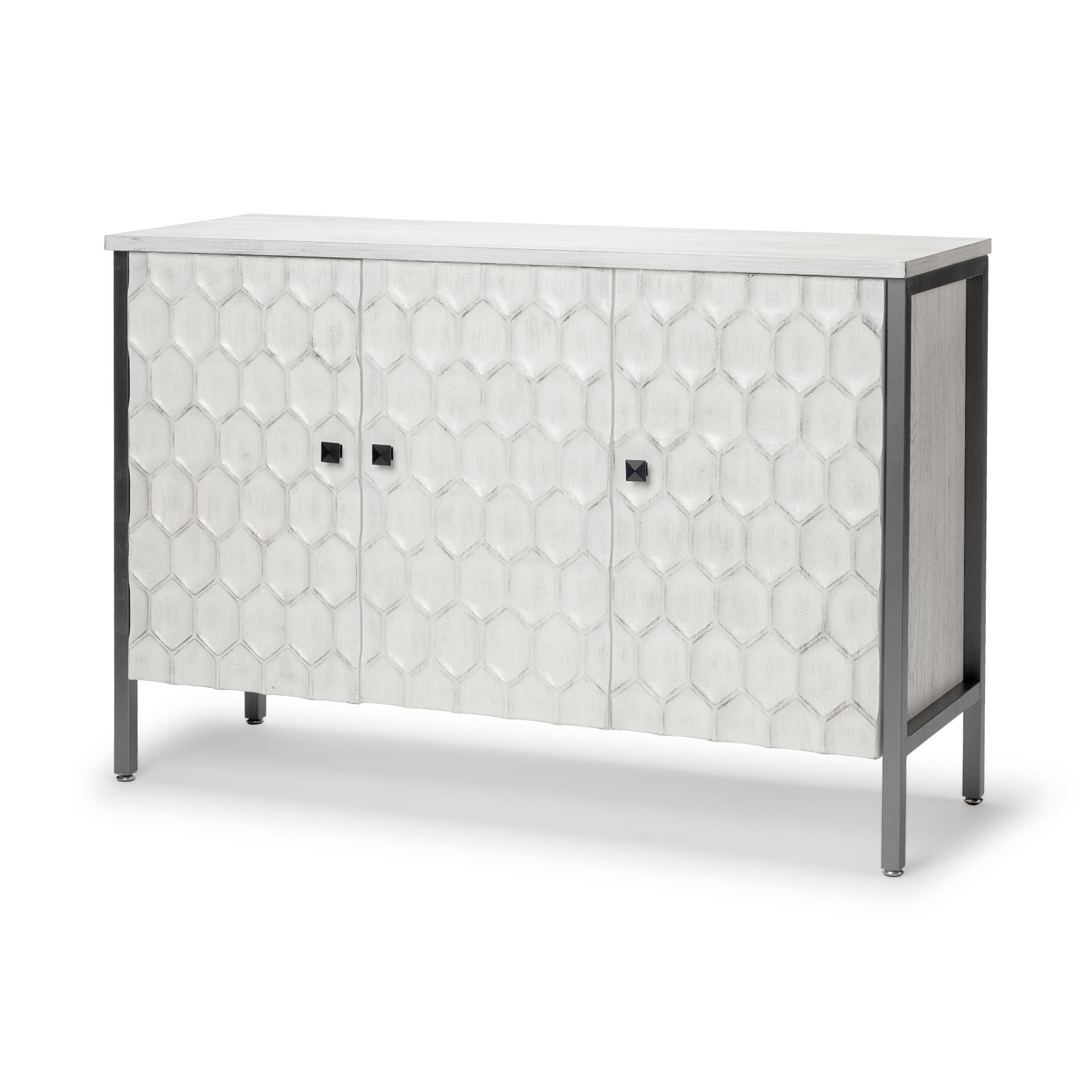 Savannah White Fir Veneer & Gray Metal 3-Door Accent Cabinet — product photograph