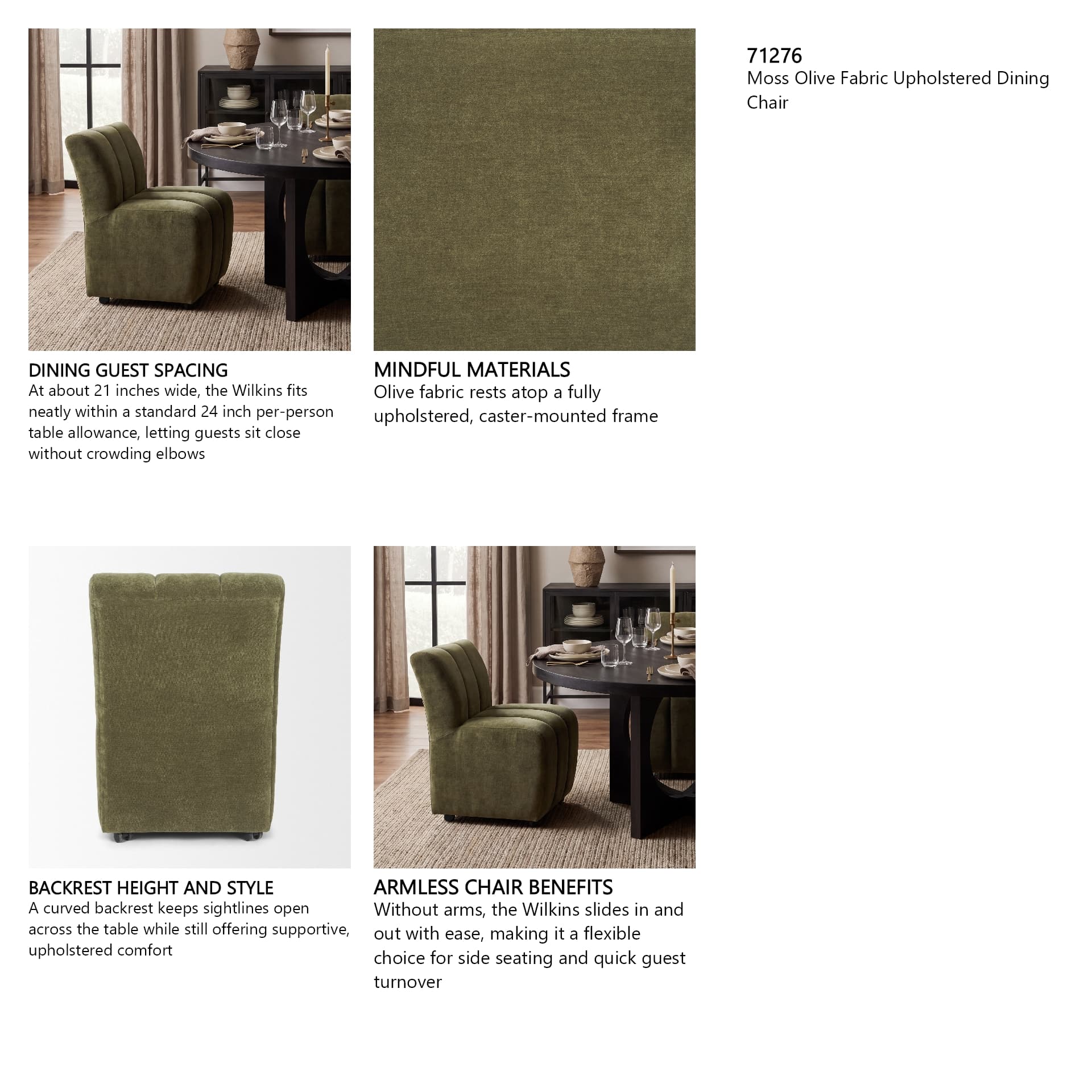 Wilkins Barrel Back Dining Arm Chair | Moss Olive Fabric w/ Wood — in a styled room
