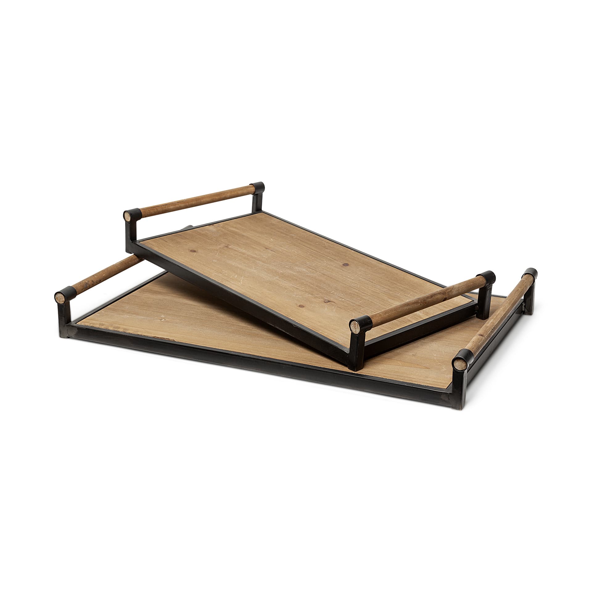 Benson Set of 2 Brown Wood Black Metal Trays — product photograph