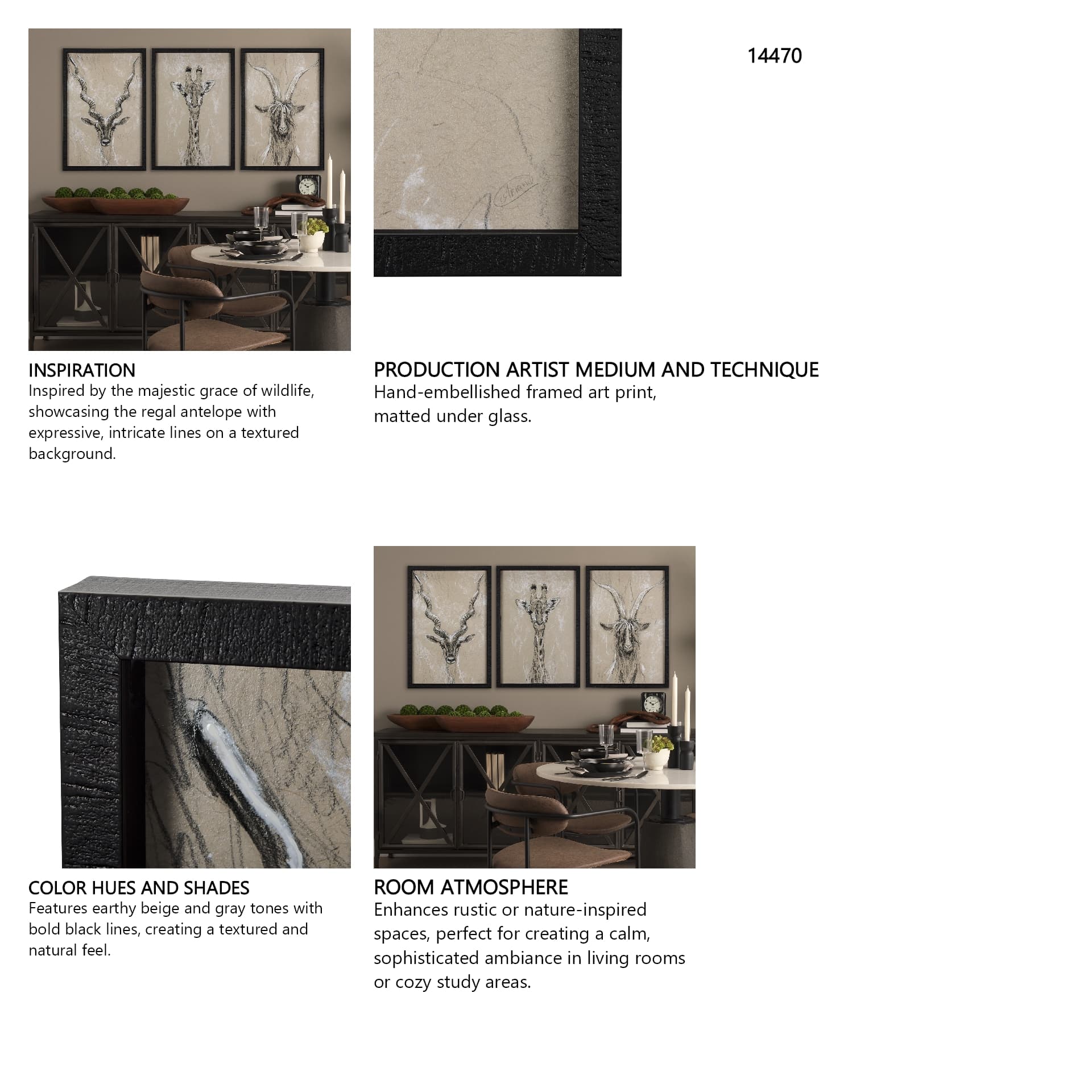 Sketch of Animal III (Antelope) Mercana Studio Hand Embellished Framed Art Print Matted under Glass — in a styled room