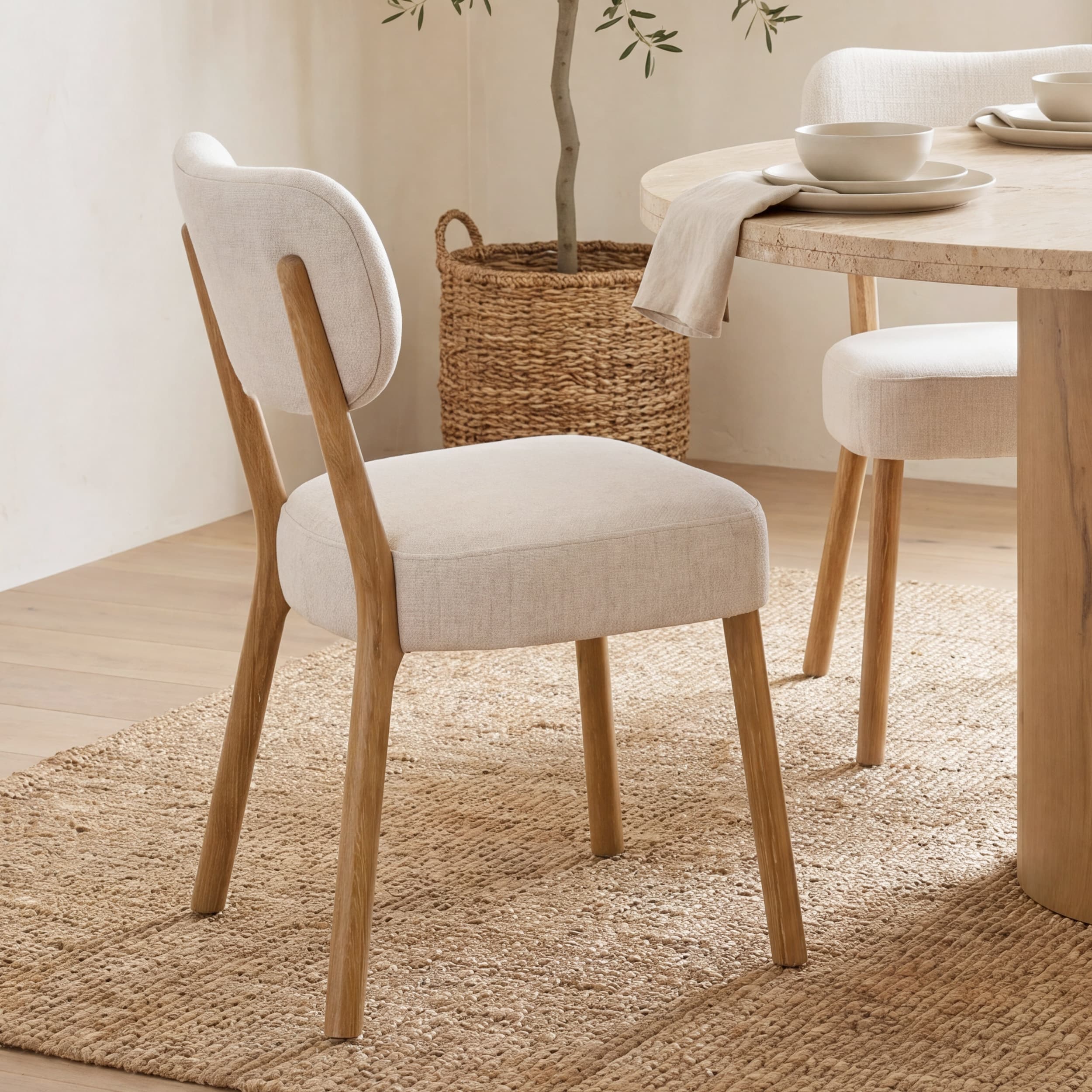 Owen Curved Back Dining Side Chair | Beige Fabric w/ Brown Wood — product photograph