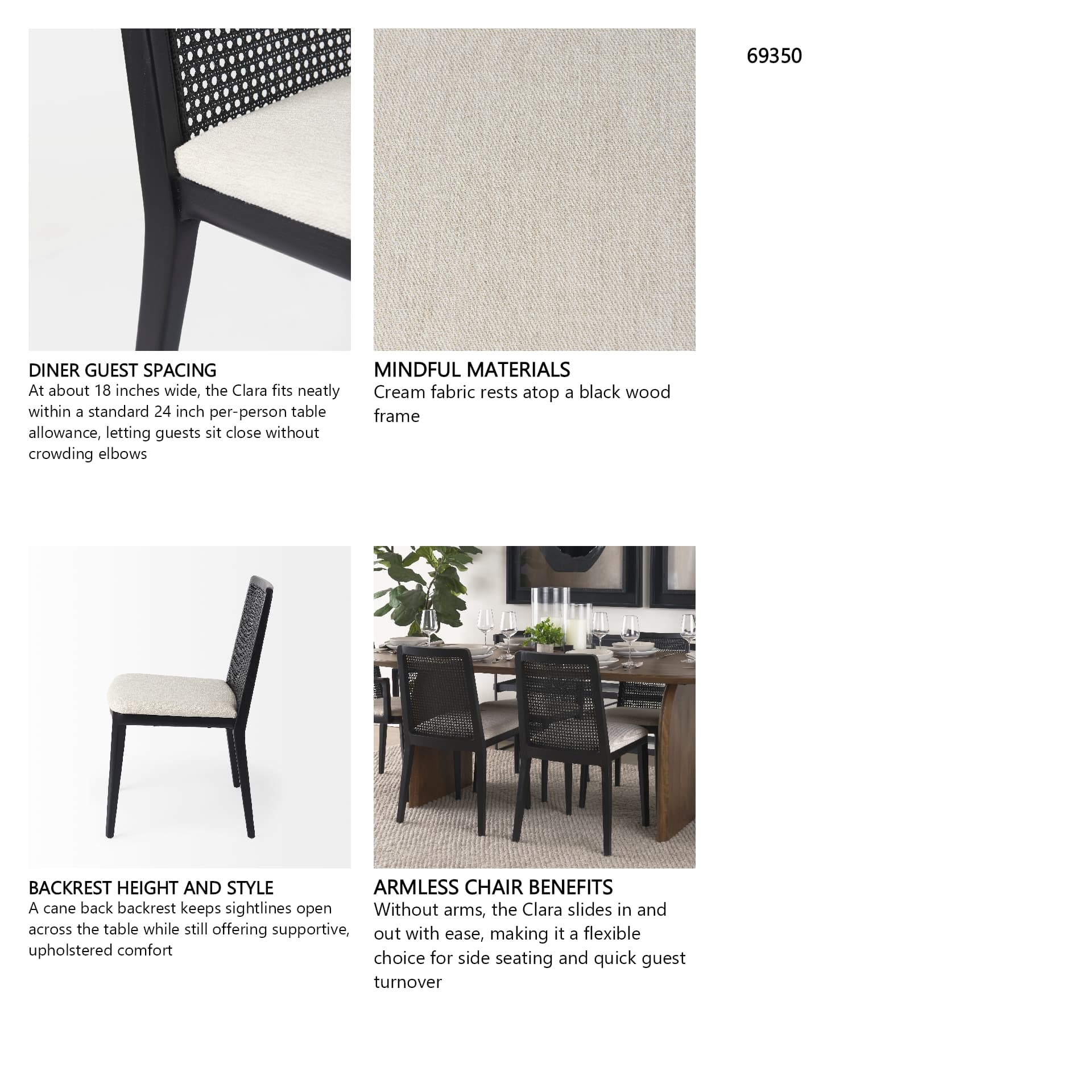 Clara Cane Back Dining Side Chair | Cream Fabric w/ Black Wood — in a styled room