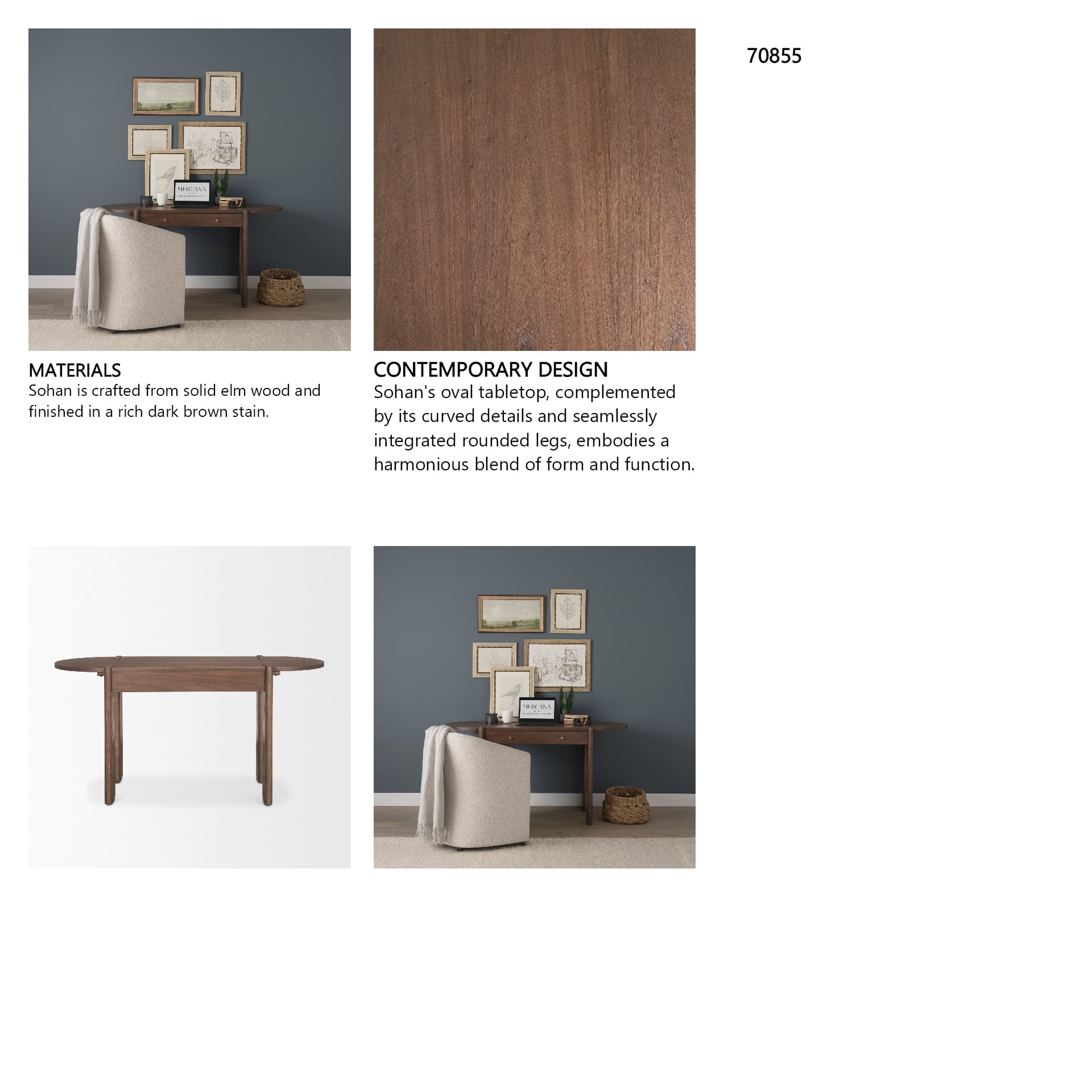 Sohan Dark Brown Elm Wood Oblong Desk — in a styled room