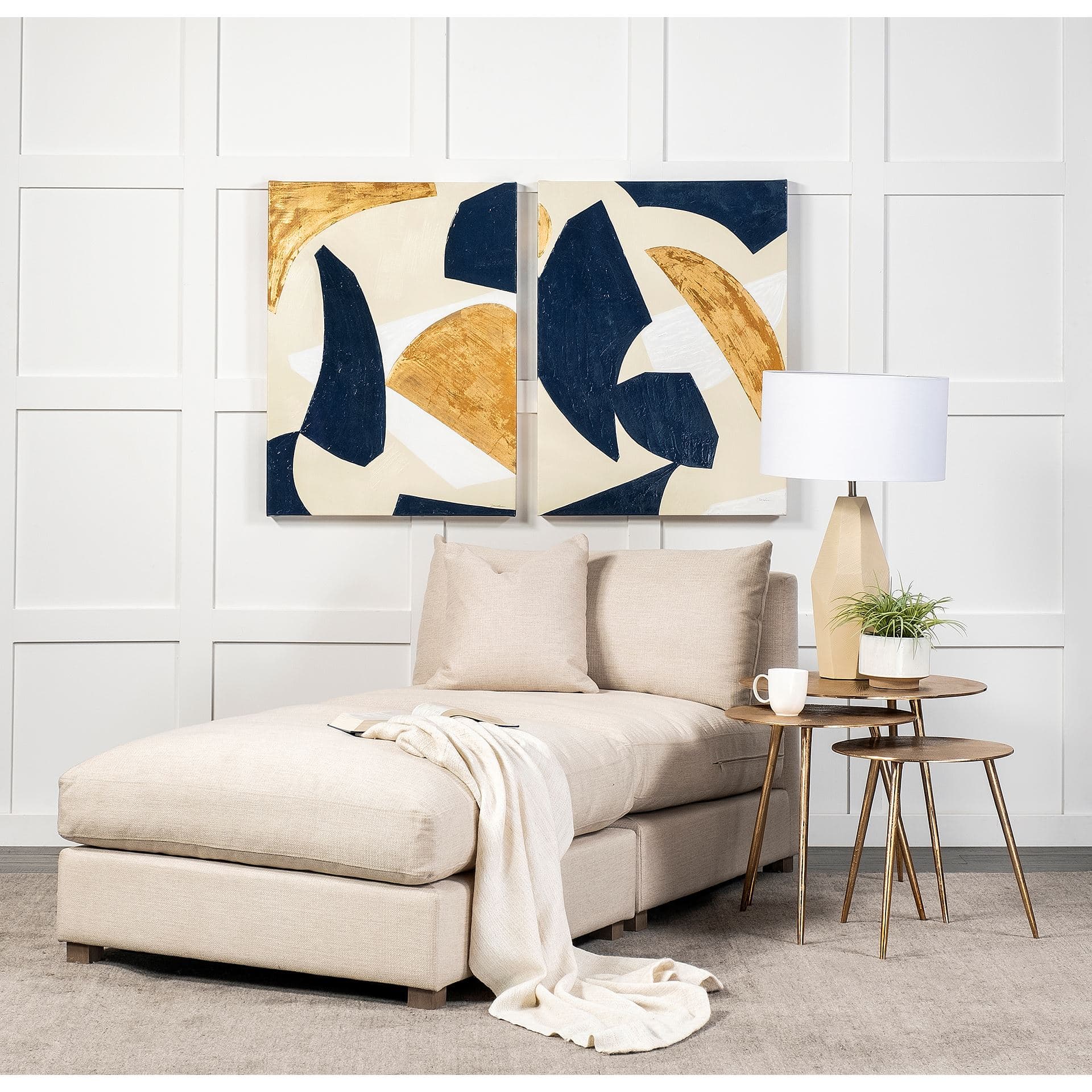 Reva I (Large) 24L x 24W Gold Round Top Cast Aluminum Accent Table — in a styled room