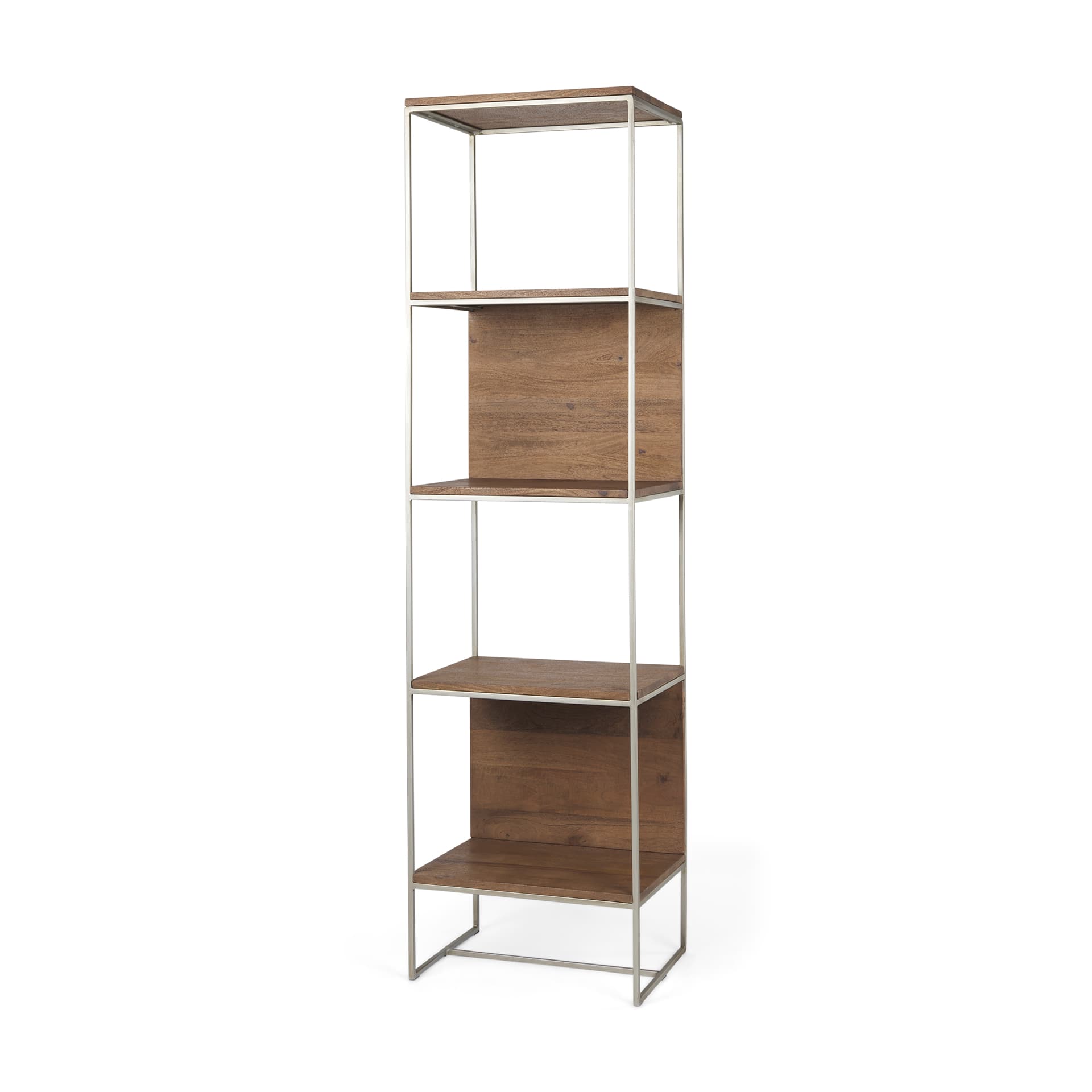 Morris II 19.75 x 15 x 72.5 Brown Wood and Silver Metal Frame 4 Shelf Shelving Unit — product photograph