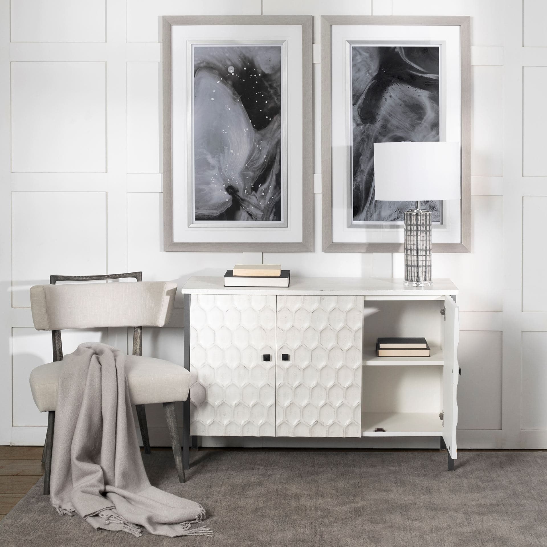 Savannah White Fir Veneer & Gray Metal 3-Door Accent Cabinet — in a styled room