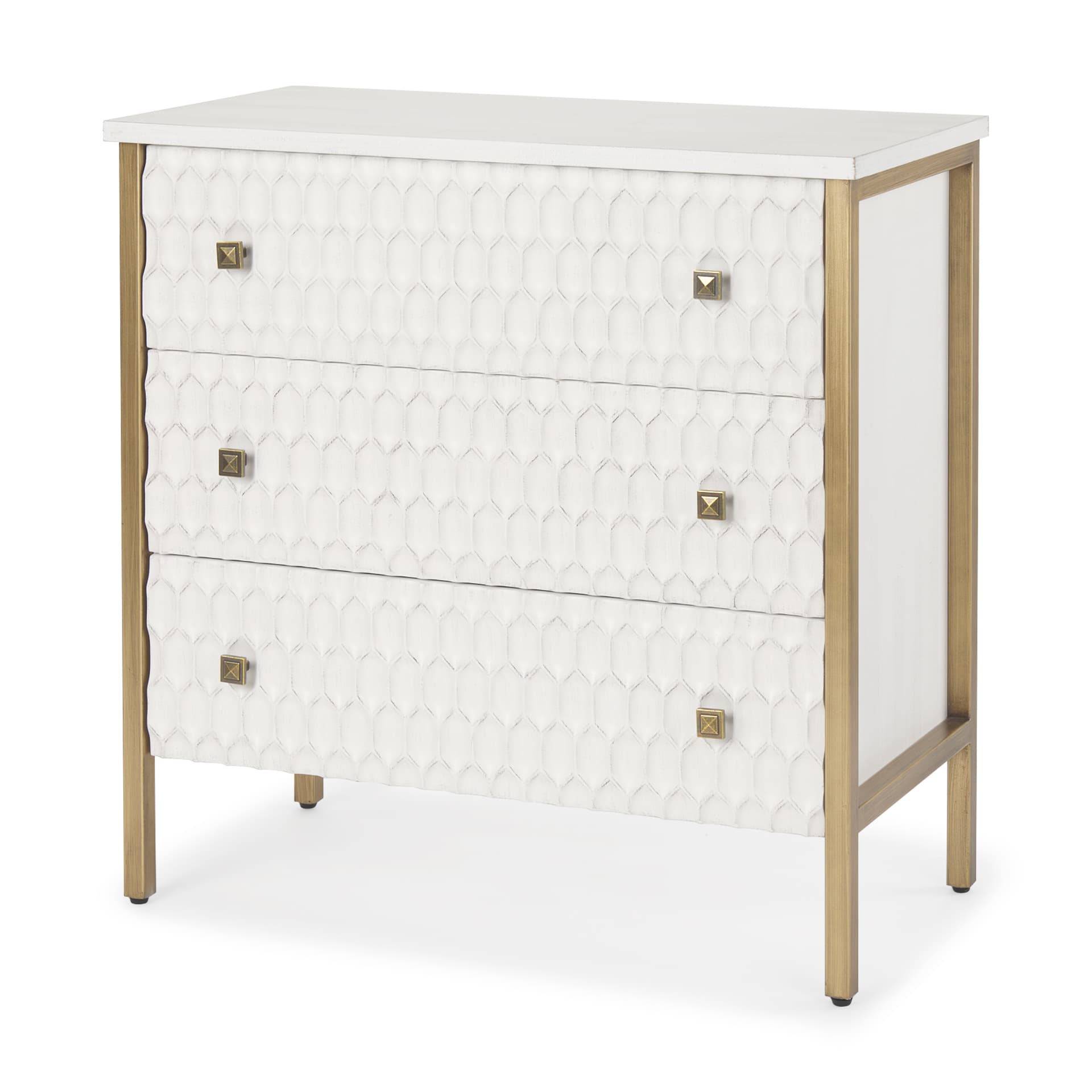Savannah White Fir Veneer w/ Gold Metal 3-Drawer Accent Cabinet — product photograph