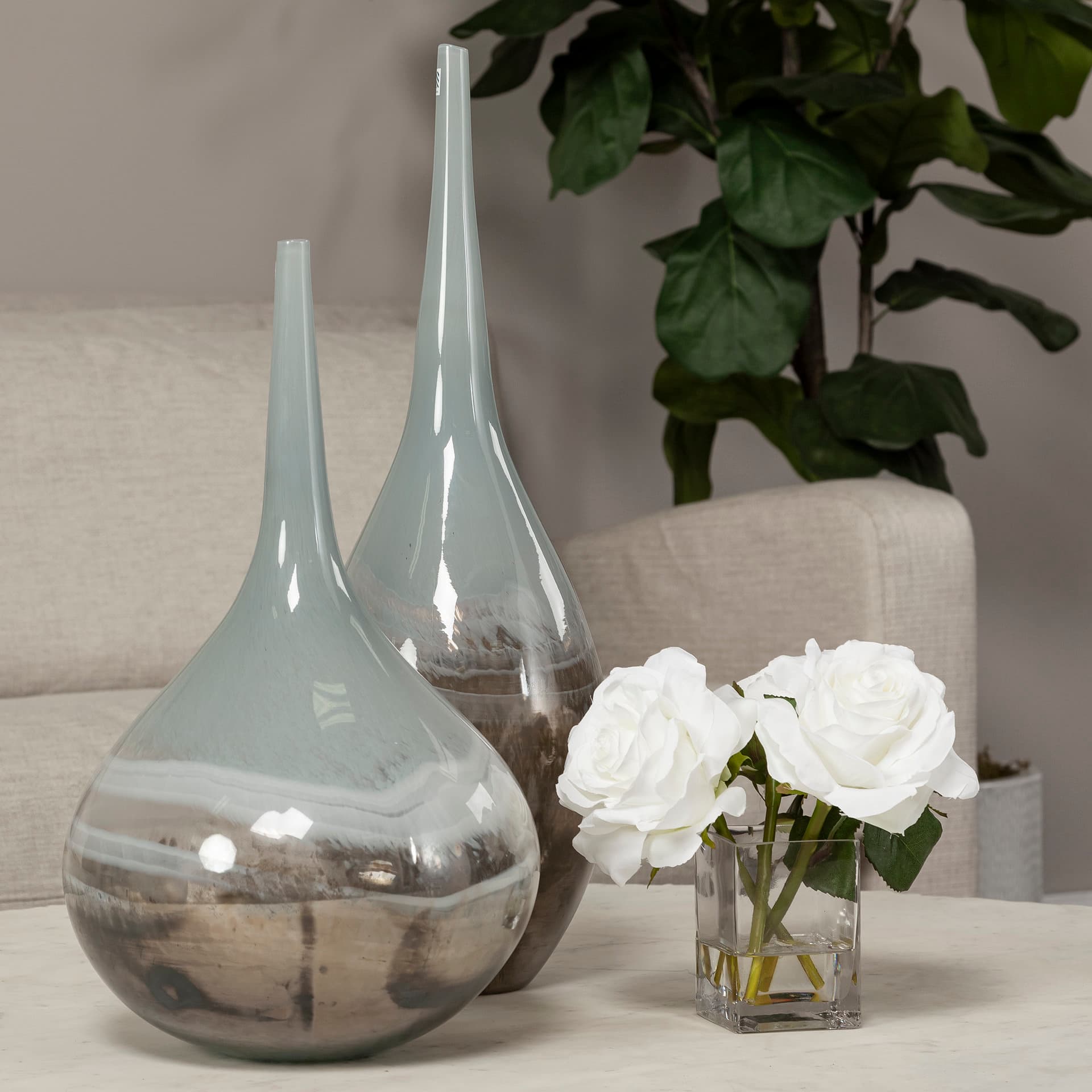 Erie II Tall Two Toned Sky Blue Dark Brown Blown Glass Vase — product photograph