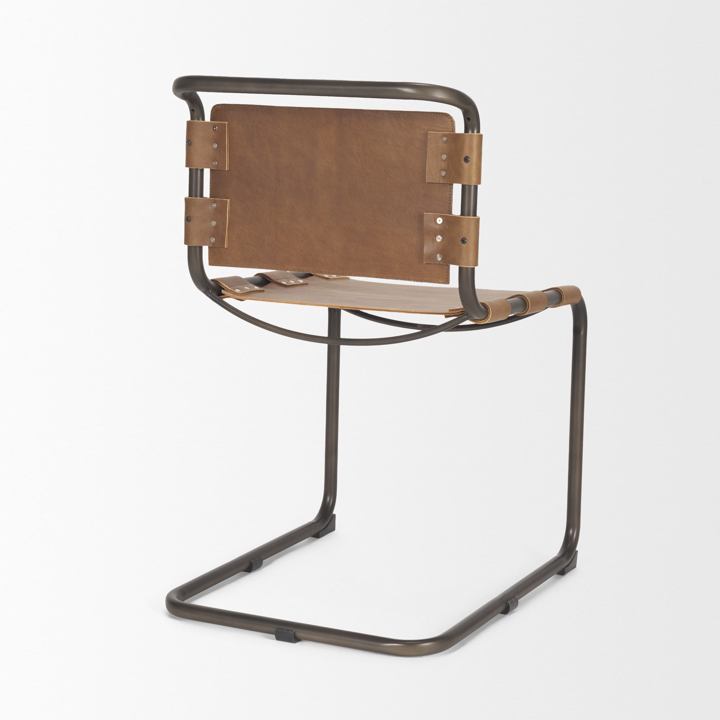 Berbick Open Back Dining Side Chair | Medium Brown Leather w/ Iron — product photograph