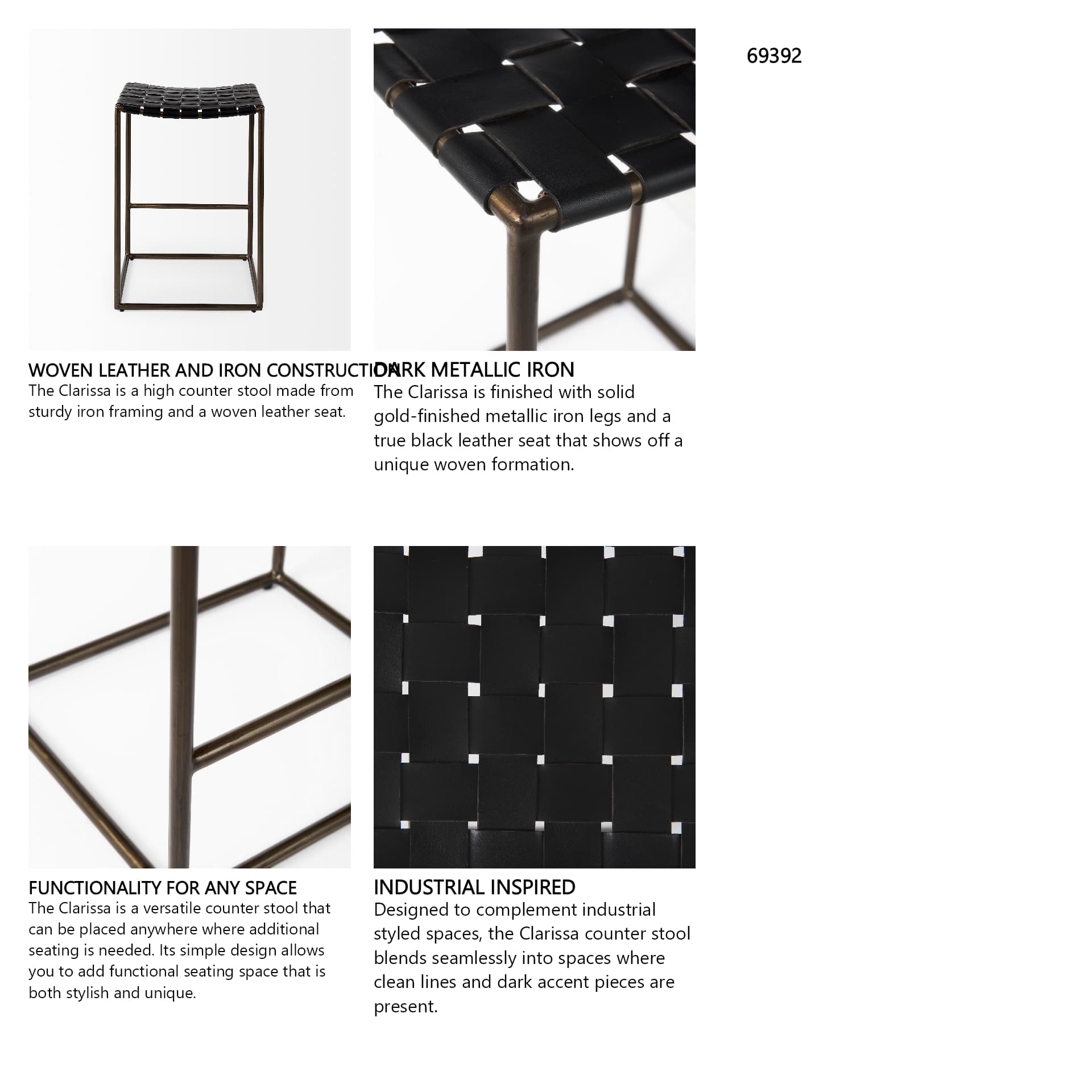 Clarissa Backless 26.25in Seat Counter Stool | Black Leather w/ Metal — product photograph