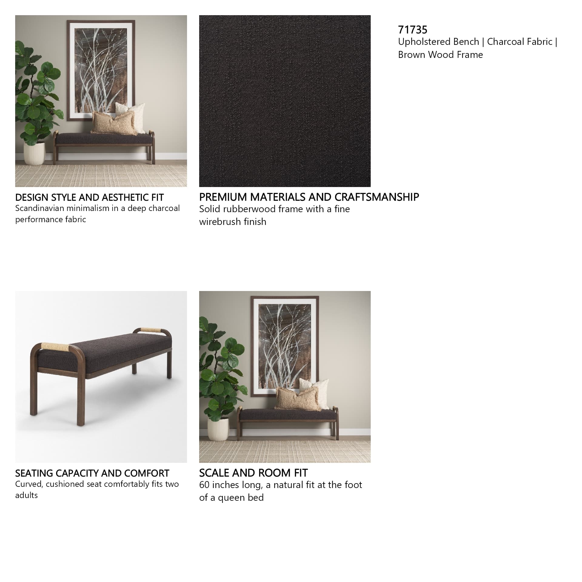 Freya Upholstered Bench | Charcoal Fabric | Brown Wood Frame — product photograph