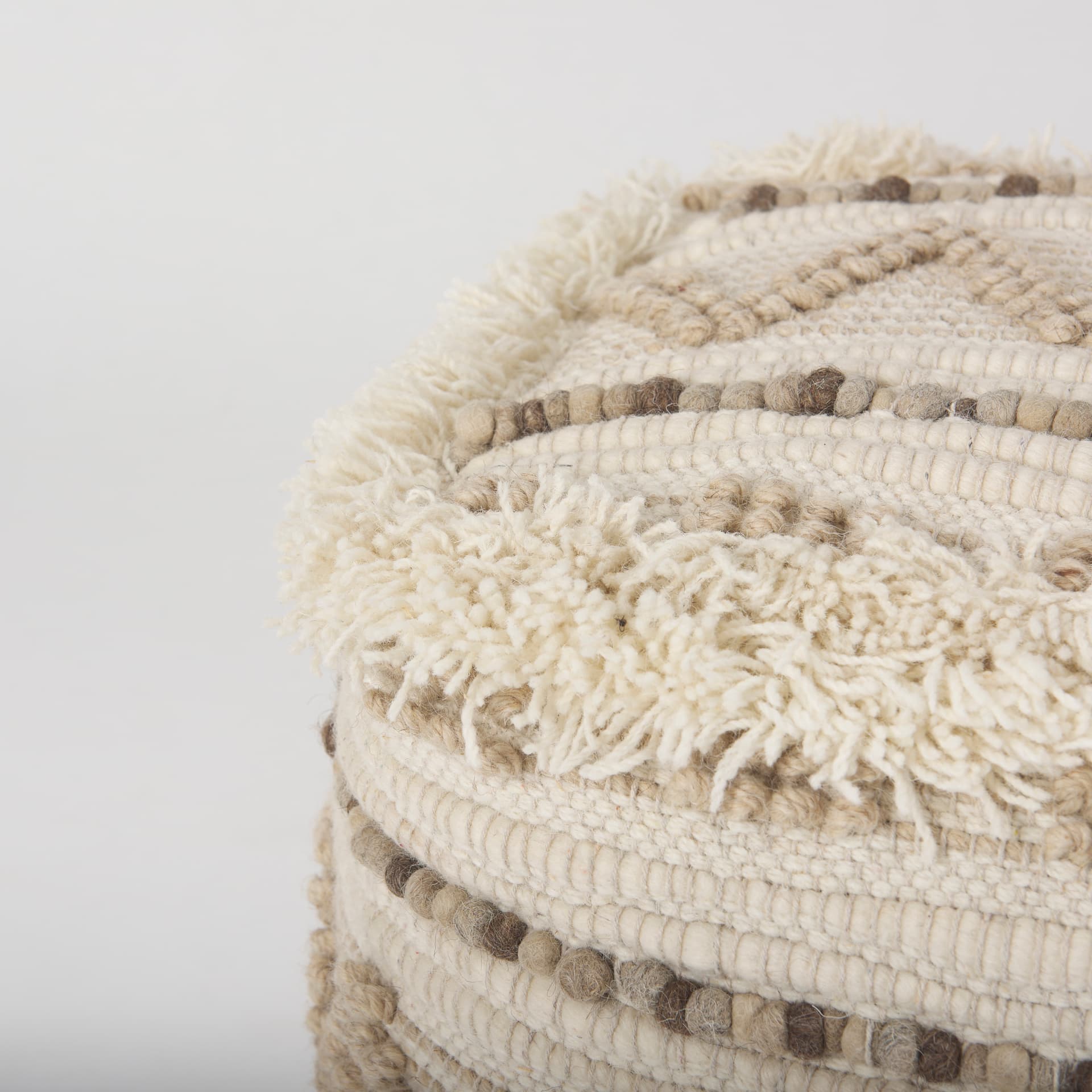 Caela Beige/Brown Wool, Cotton and Felt Popcorn Stitch Square Pouf — product photograph