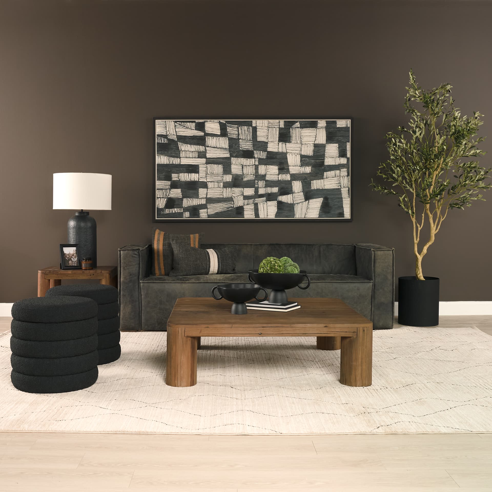 Hewitt Square Smooth Reclaimed Wood Coffee Table — in a styled room