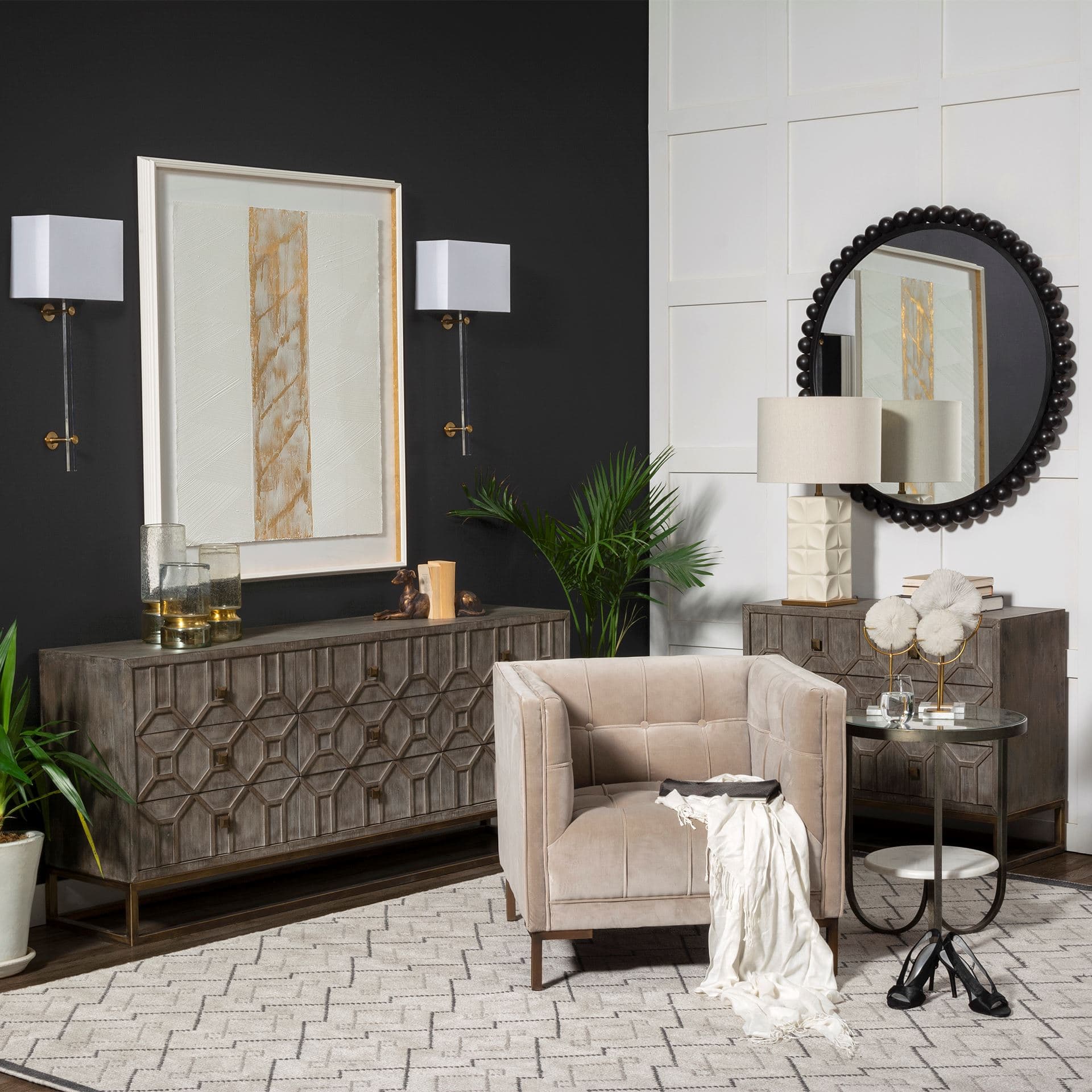 Reinhardt II 20" Round Glass Top Metal and Marble Detail End/Side Table — in a styled room