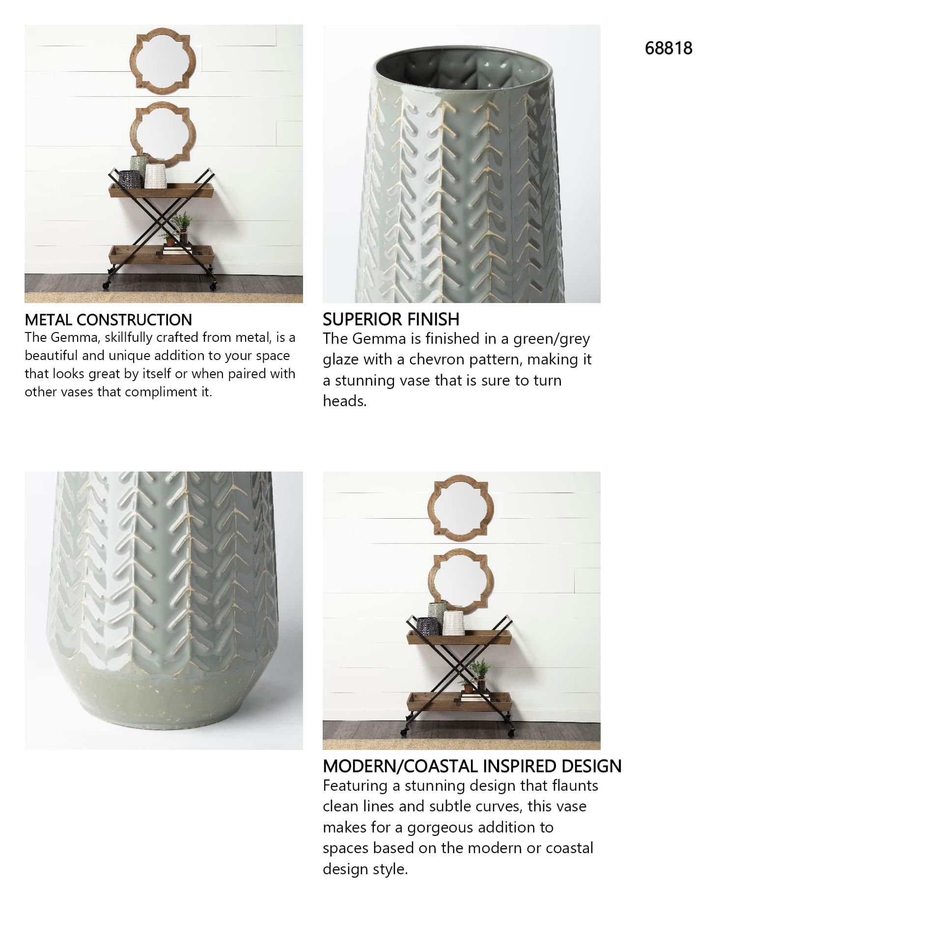 Gemma III Metal Glossy Green/Gray Chevron Vase — in a styled room
