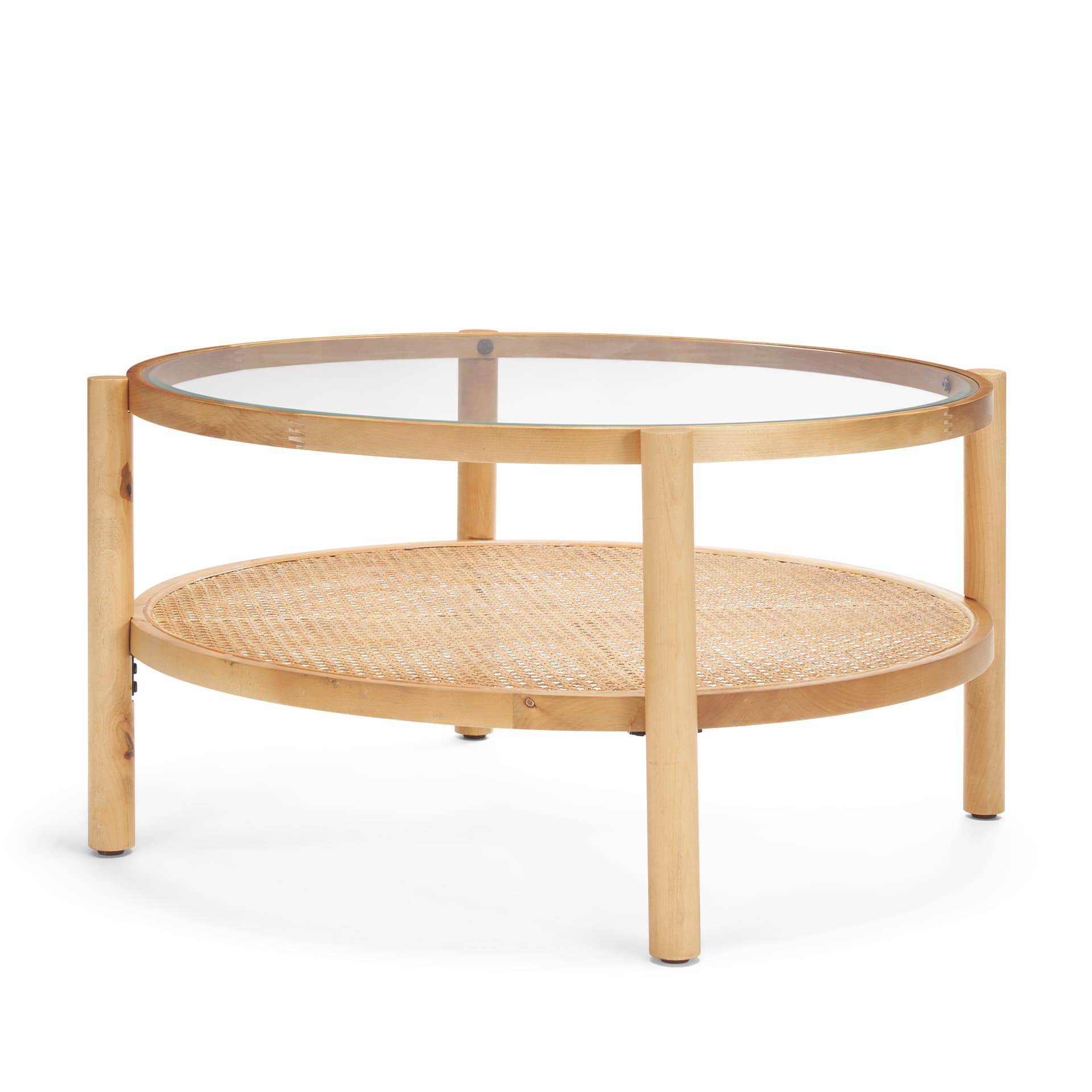 Weslyn Solid Light Brown Wood and Glass Top w/ Cane Coffee Table — product photograph