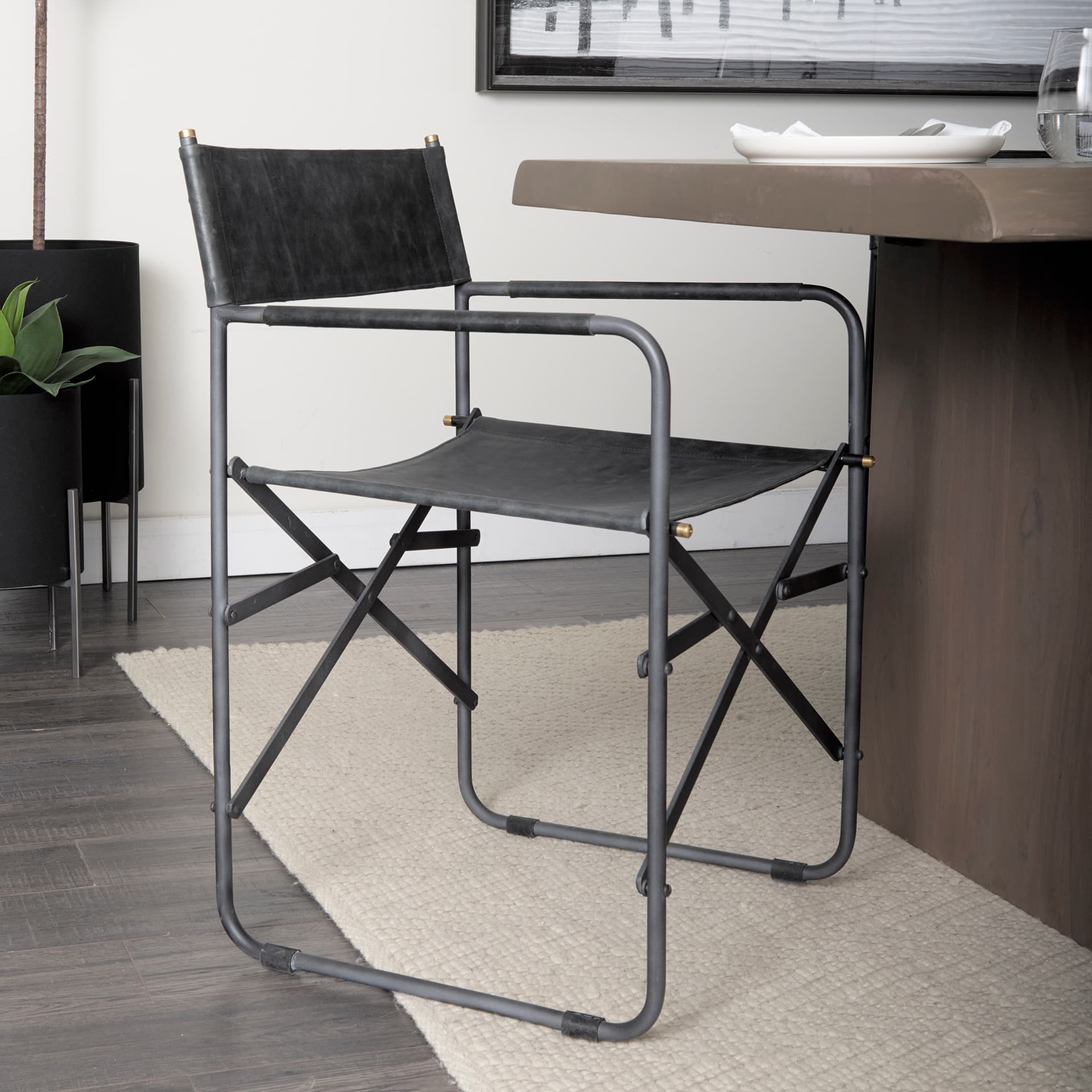 Direttore Curved Back Dining Side Chair | Black Leather w/ Black Iron — product photograph