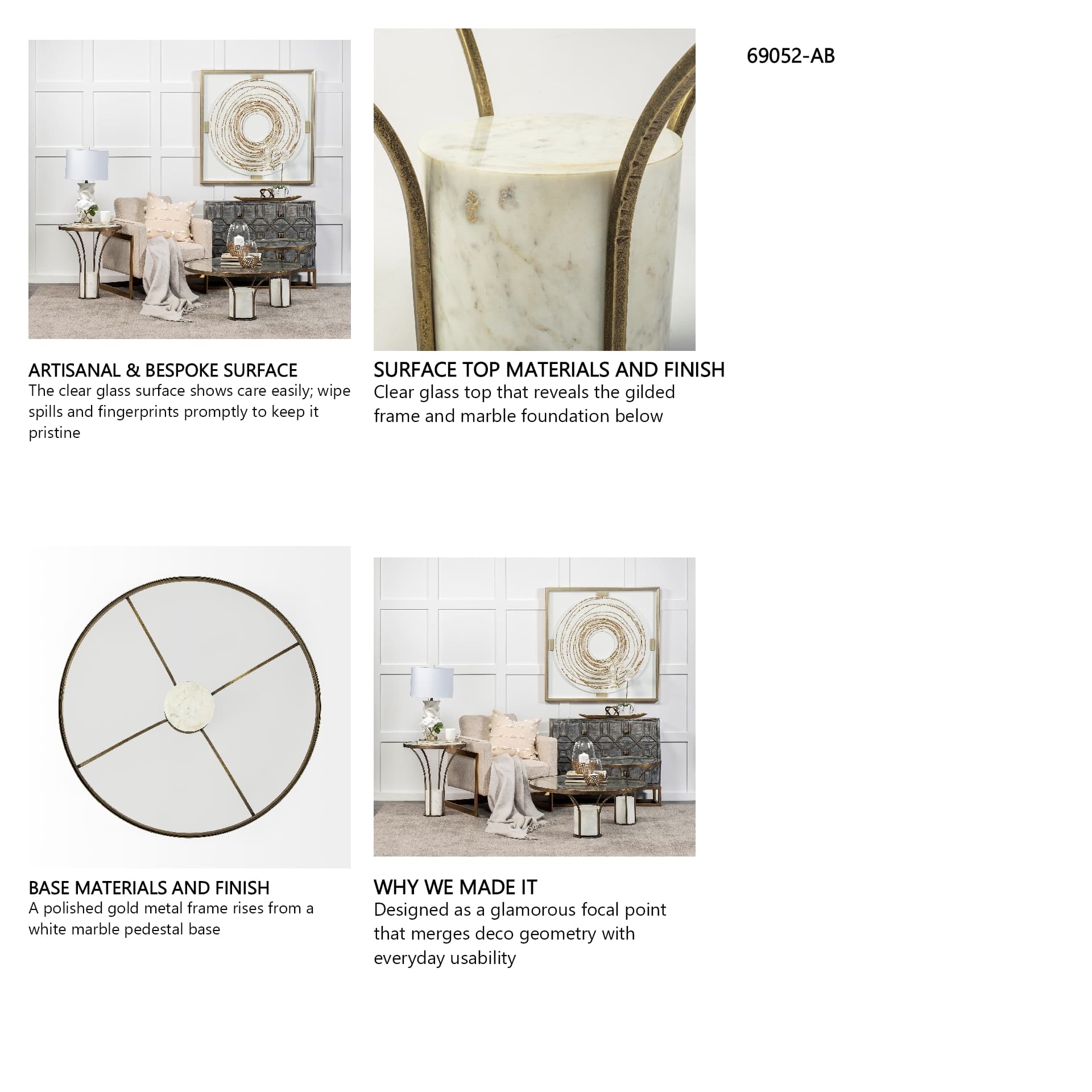 Jacinta 36" Round Glass Top Metal and Marble Pedestal Coffee Table — in a styled room